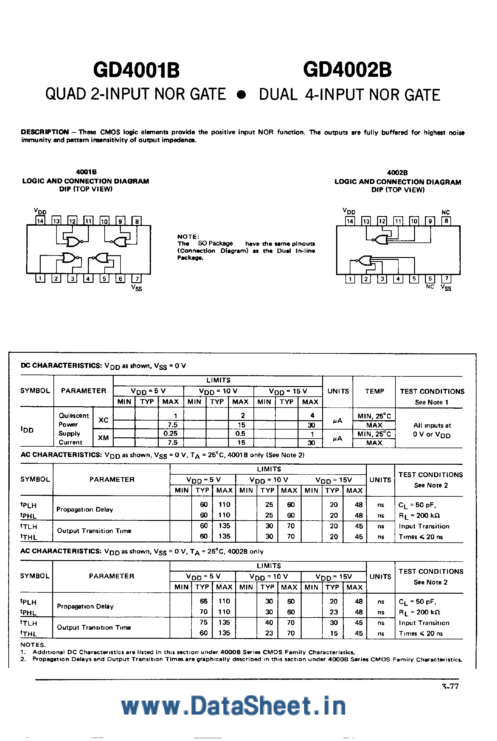 Datasheet GD4001B page 1 Datasheet GD4001B - (GD4001B / GD4002B) Quad 2-Input NOR Gate / Dual 4-Input NOR Gate page 1