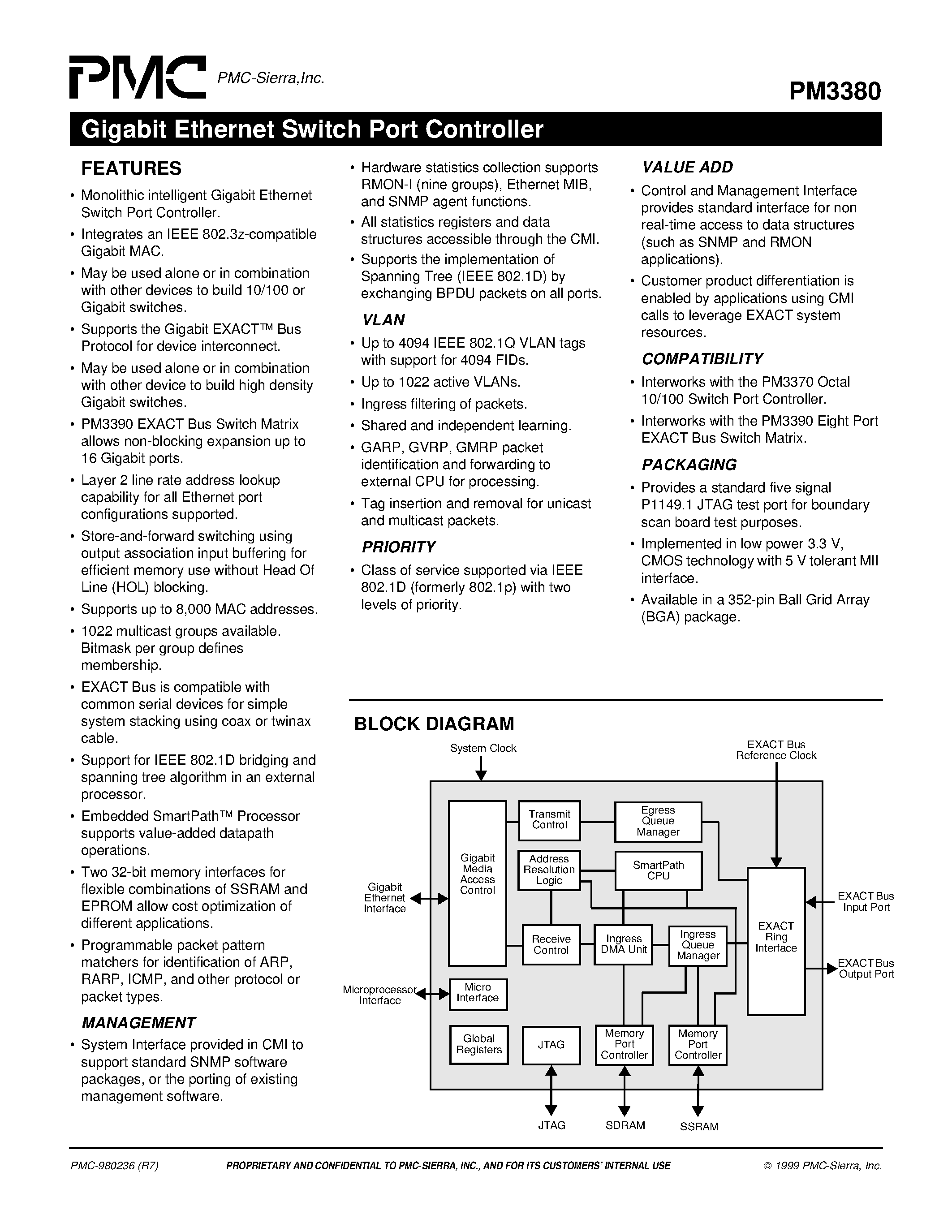 Datasheet PM3380 page 1 Datasheet PM3380 - Gigabit Ethernet Switch Port Controller page 1