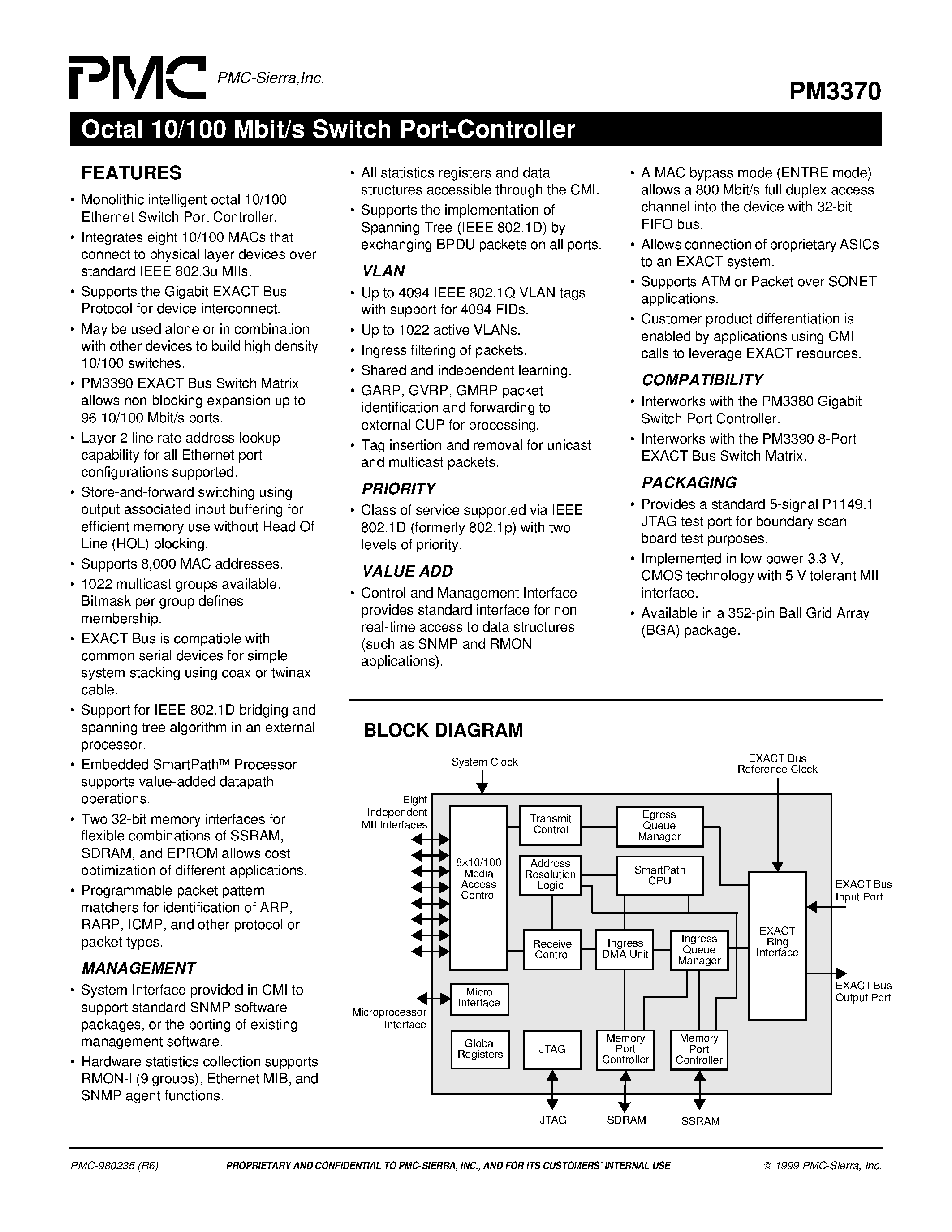 Datasheet PM3370 page 1 Datasheet PM3370 - Octal 10/100 Mbit/s Switch Port-Controller page 1