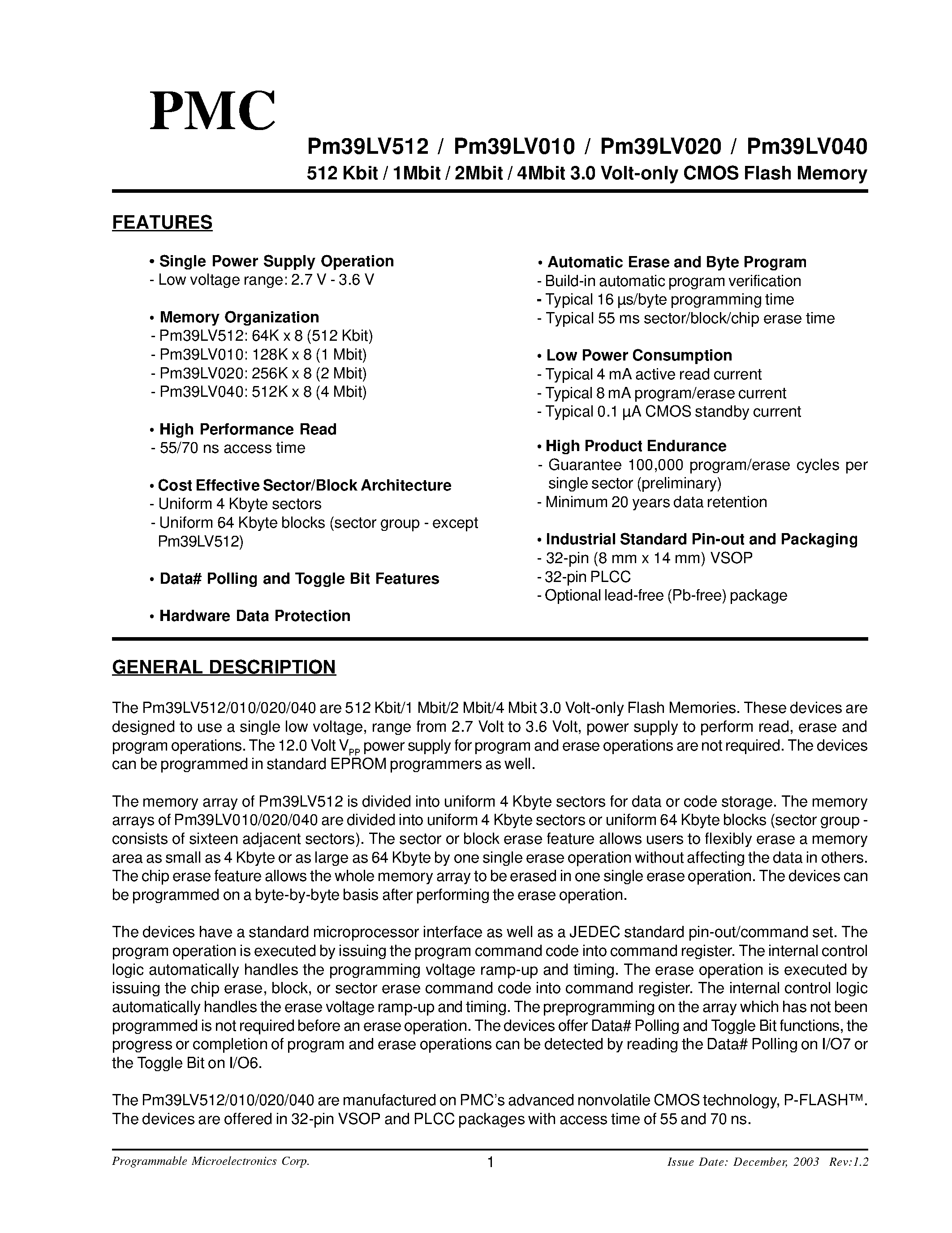 Datasheet PM39LV010 - (PM39LV010 - PM39LV512) 512 Kbit / 1Mbit / 2Mbit / 4Mbit 3.0 Volt-only CMOS Flash Memory page 1