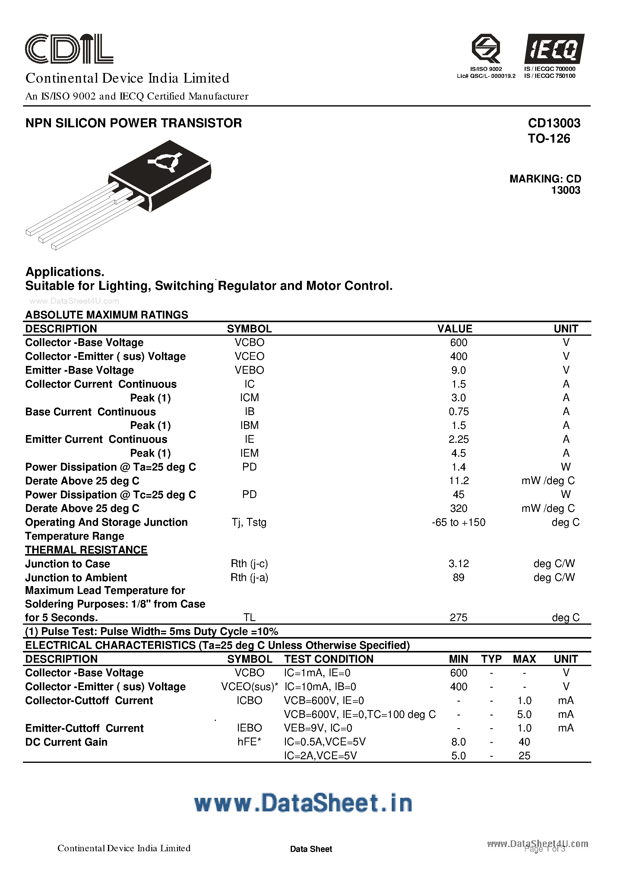 Даташит на микросхему D13003 страница 1 Даташит D13003 - Search ---> CD13003 страница 1