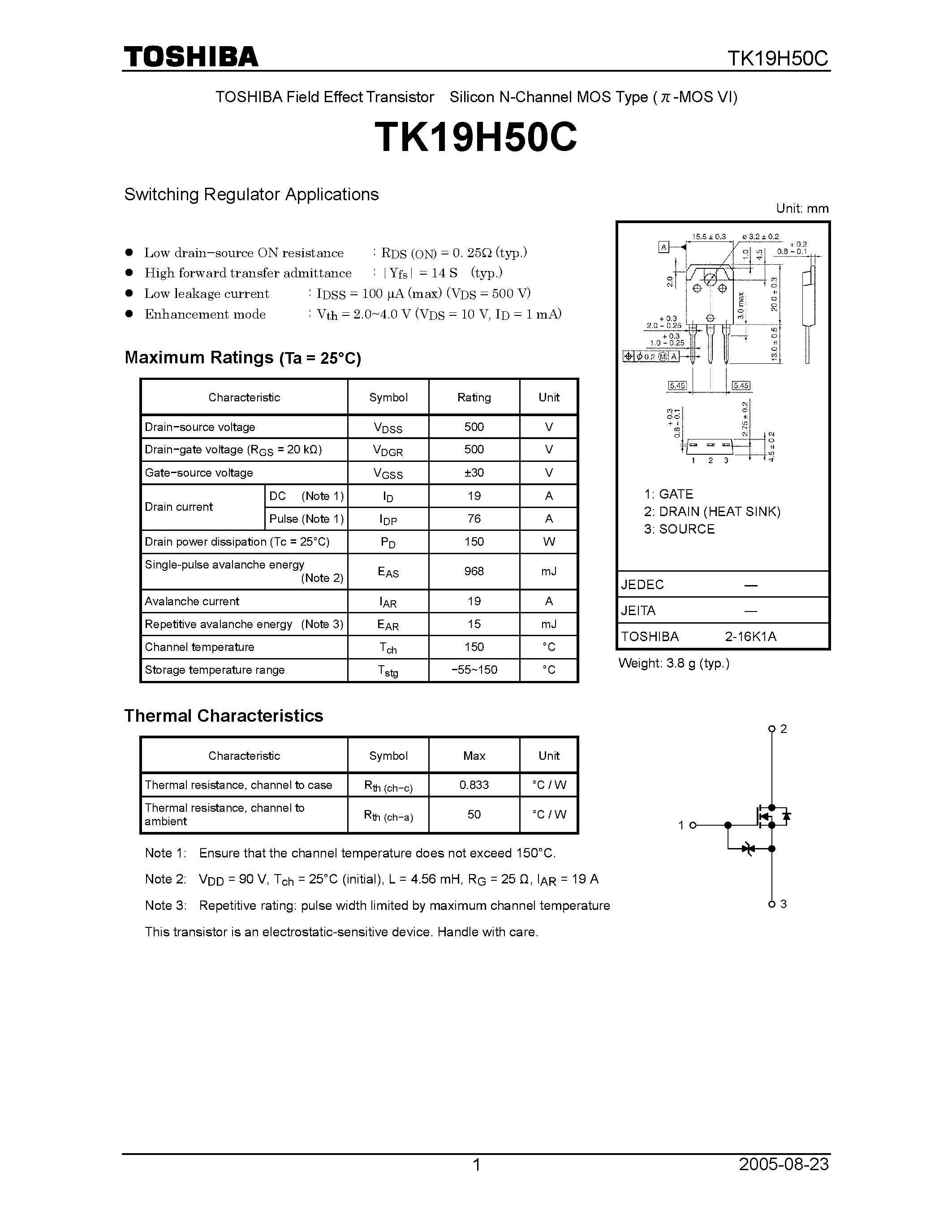 Datasheet TK19H50C - Switching Regulator Applications page 1