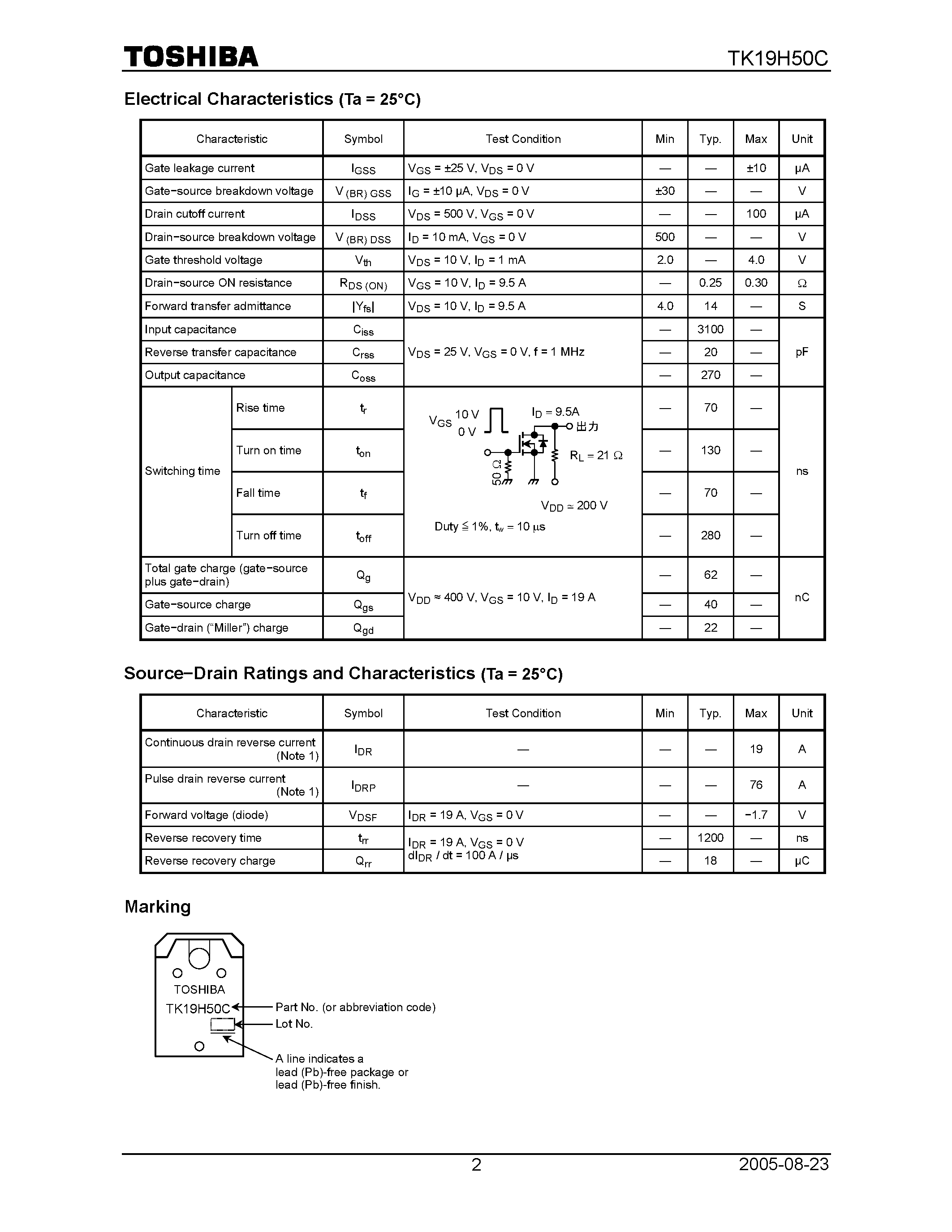 Datasheet TK19H50C - Switching Regulator Applications page 2