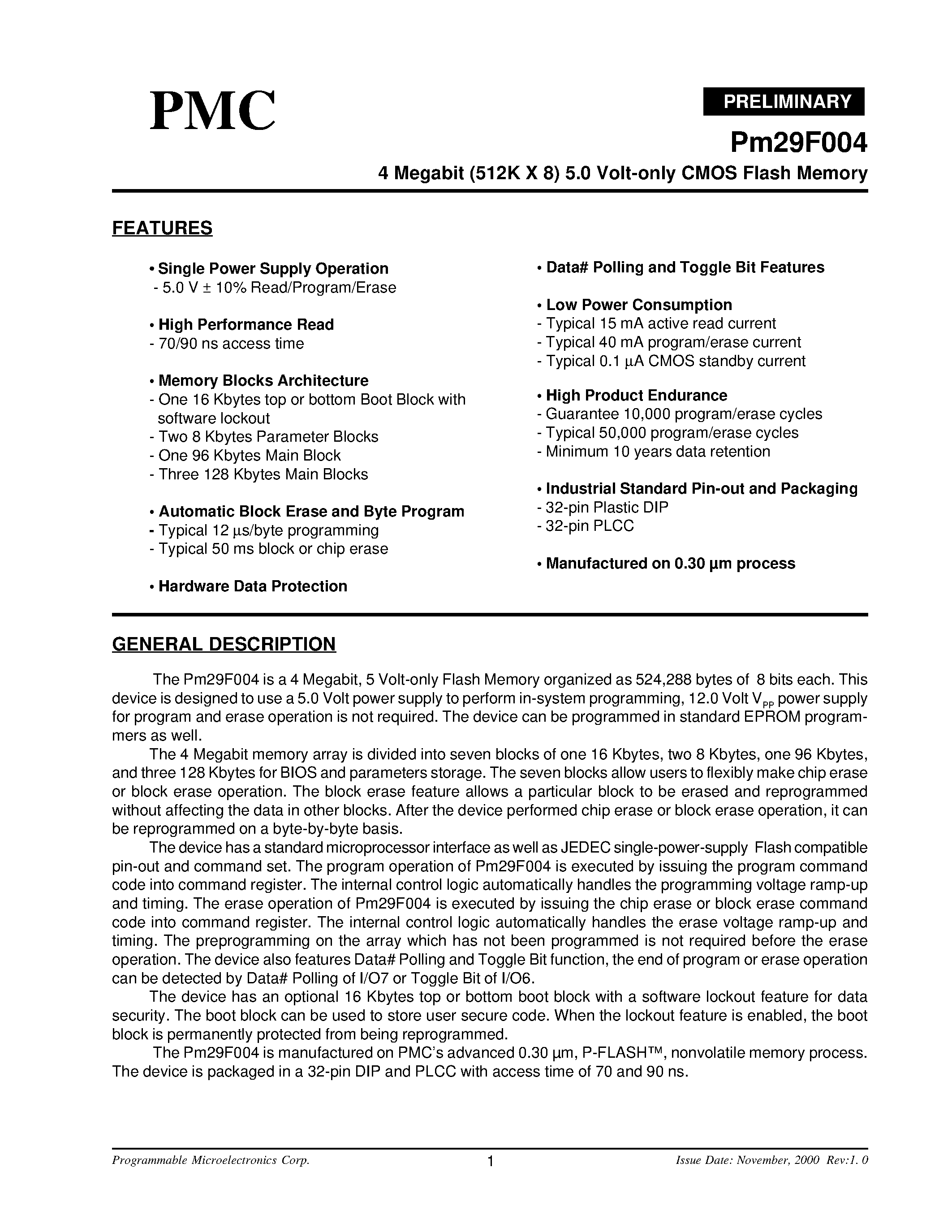 Datasheet PM29F004 - 4 Megabit (512K X 8) 5.0 Volt-Only CMOS Flash Memory page 1