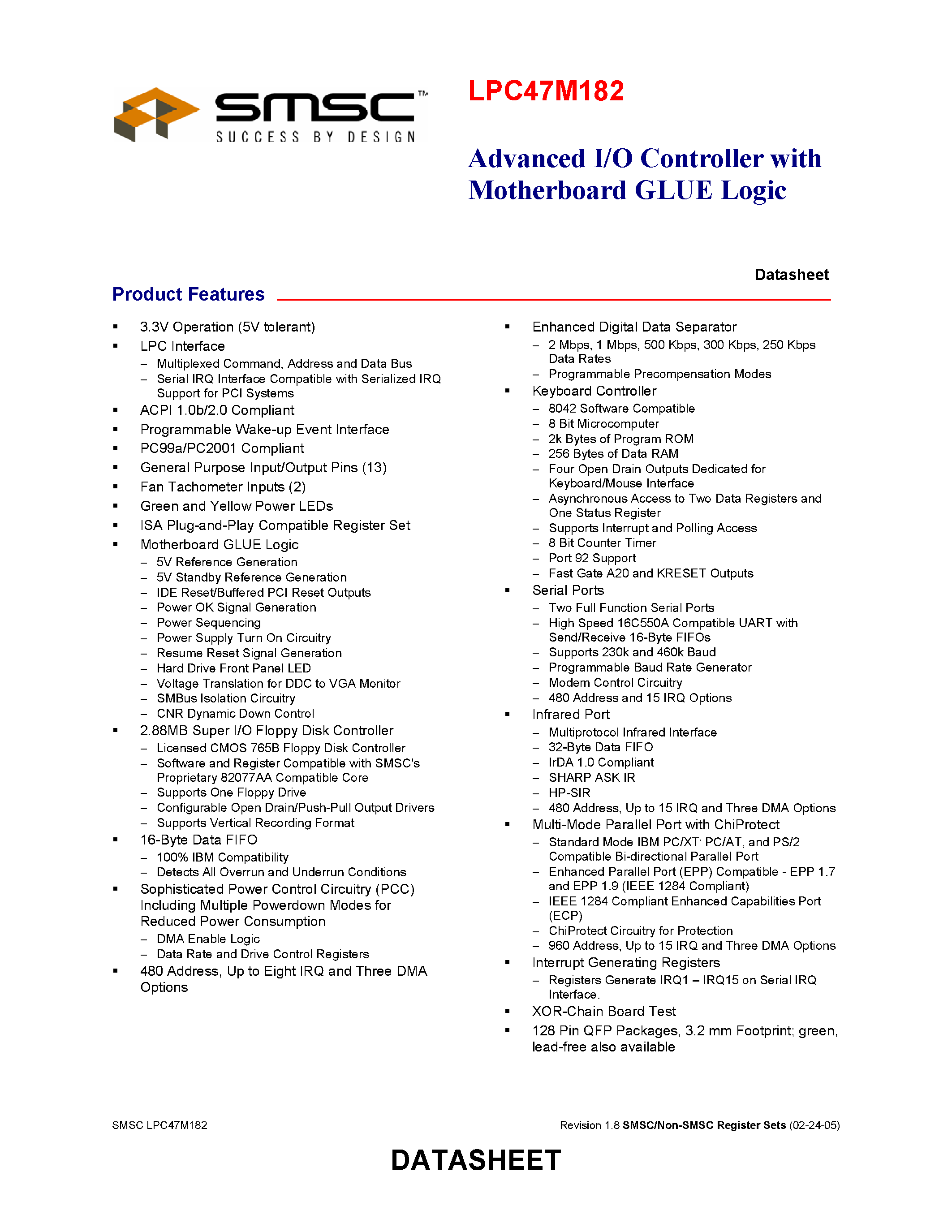 Datasheet LPC47M182 - ADVANCED I/O CONTROLLER WITH MOTHERBOARD GLUE LOGIC page 1