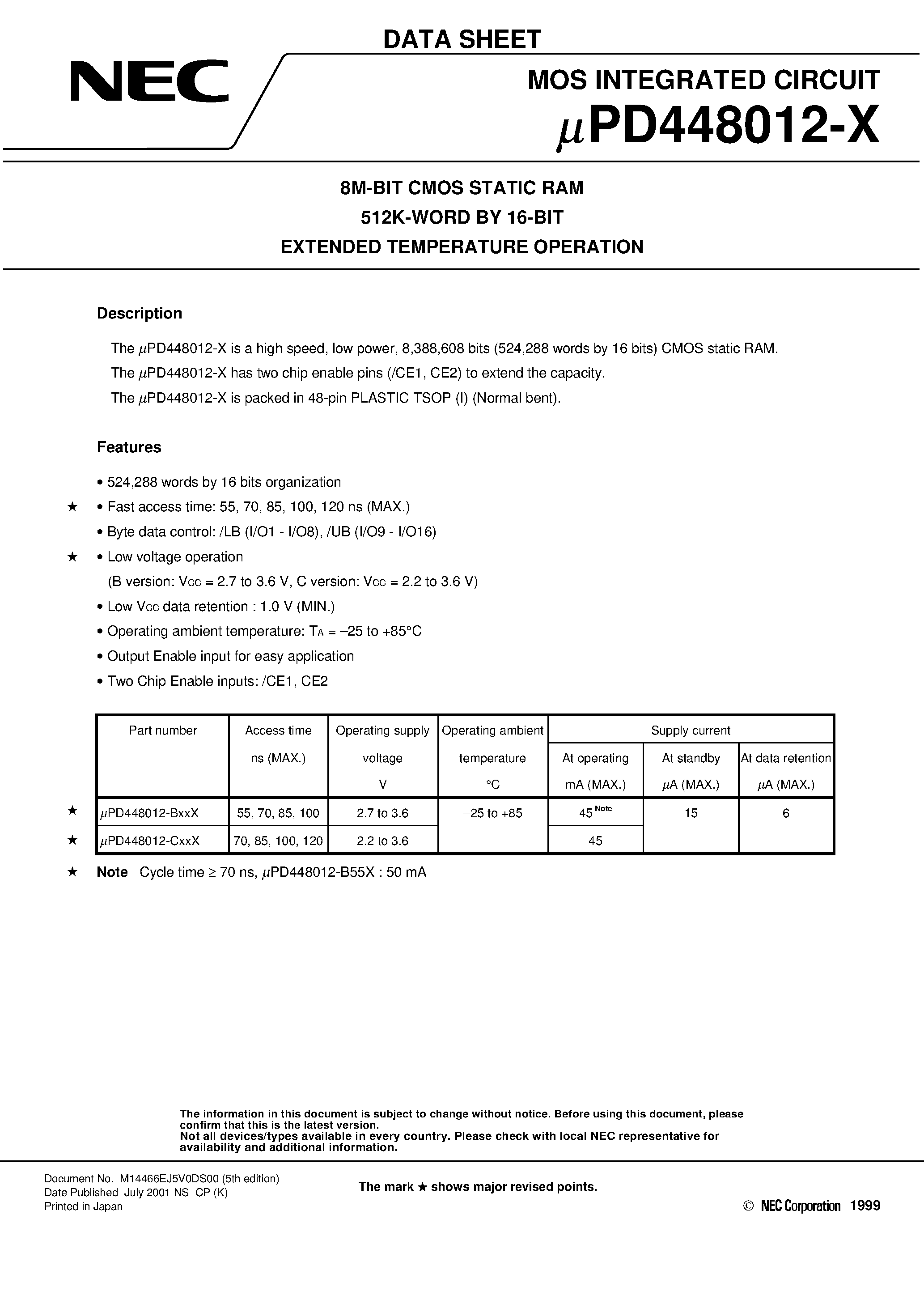 Datasheet UPD448012-X page 1 Datasheet UPD448012-X - 8M-BIT CMOS STATIC RAM 512K-WORD BY 16-BIT EXTENDED TEMPERATURE OPERATION page 1