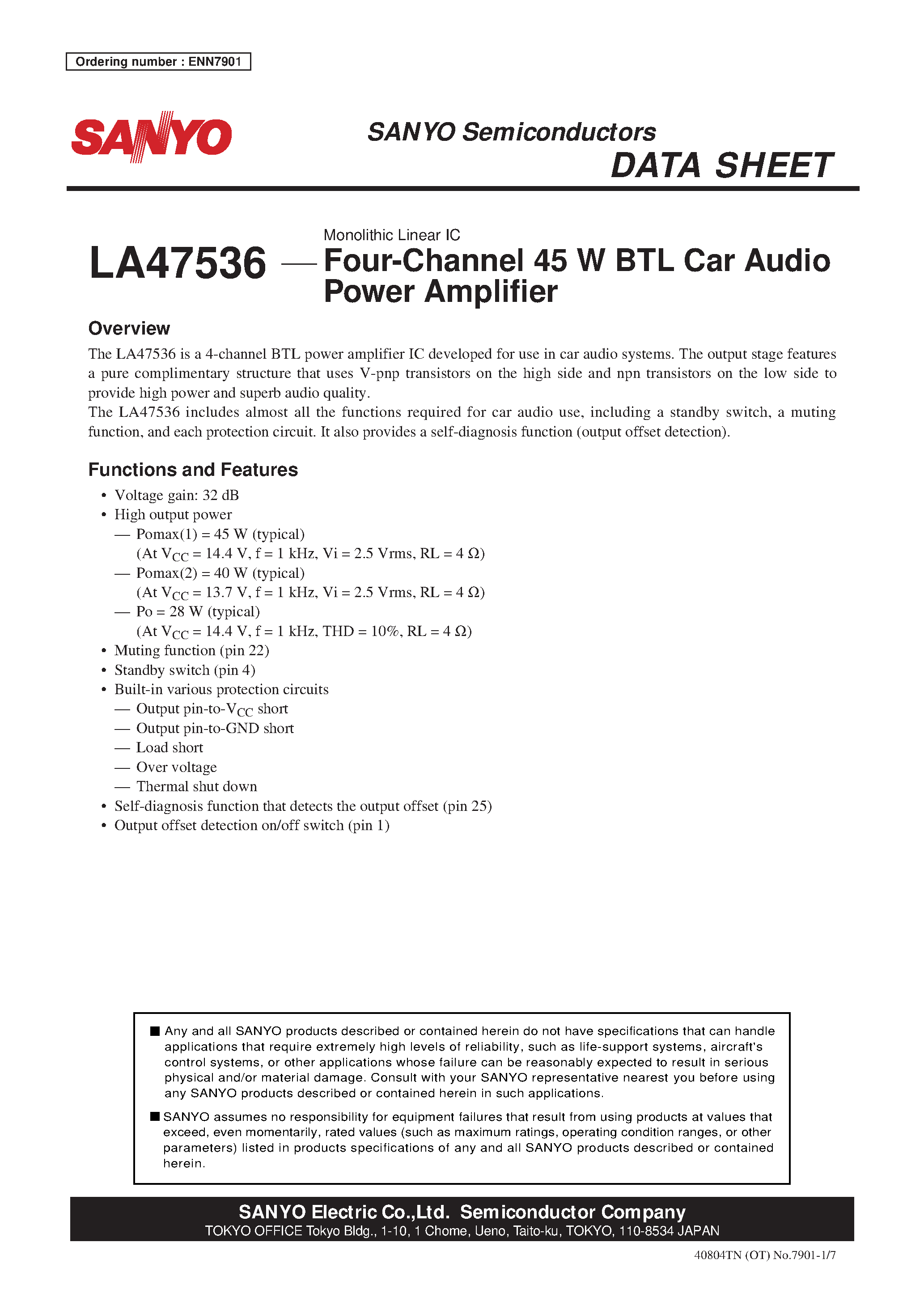 Datasheet LA47536 page 1 Datasheet LA47536 - Four-Channel 45 W BTL Car Audio Power Amplifier page 1