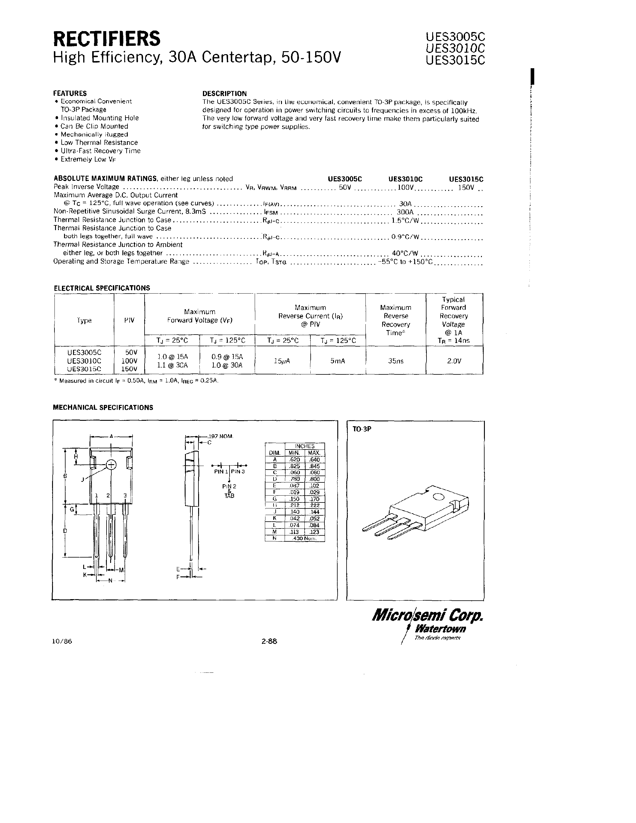 Datasheet UES3005C page 1 Datasheet UES3005C - (UES3005C - UES3015C) RECTIFIERS page 1