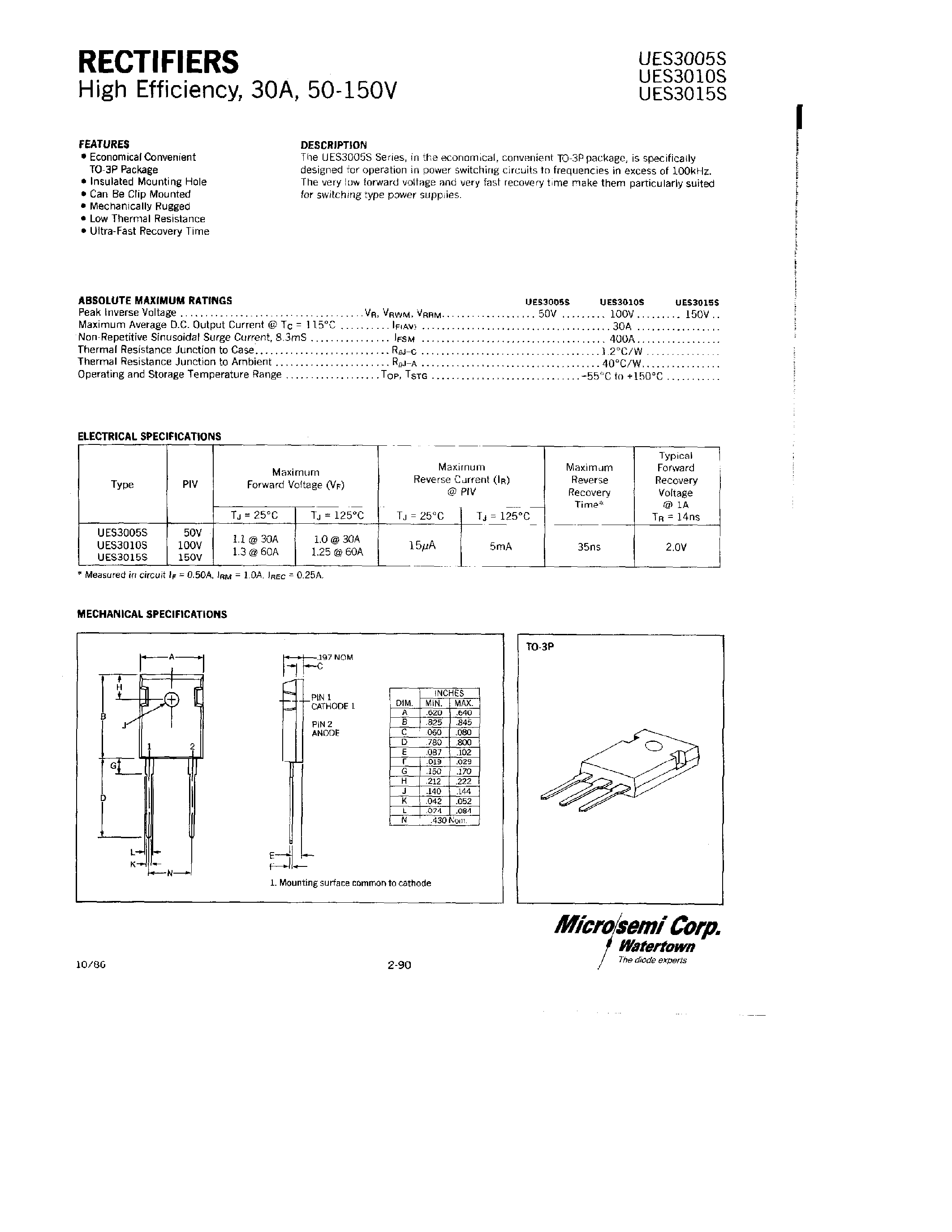 Datasheet UES3005S page 1 Datasheet UES3005S - (UES3005S - UES3015S) RECTIFIERS page 1
