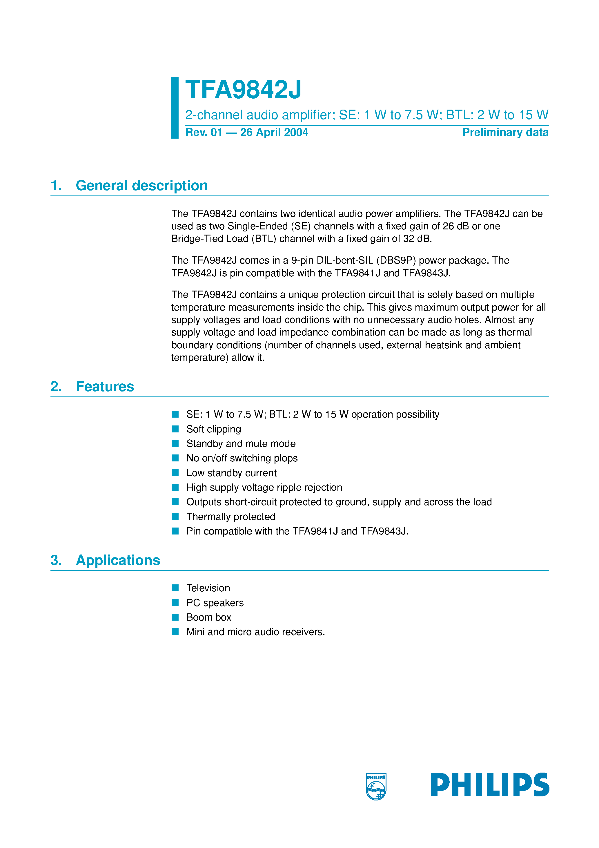 Datasheet TFA9842J page 1 Datasheet TFA9842J - 2-channel audio amplifier page 1