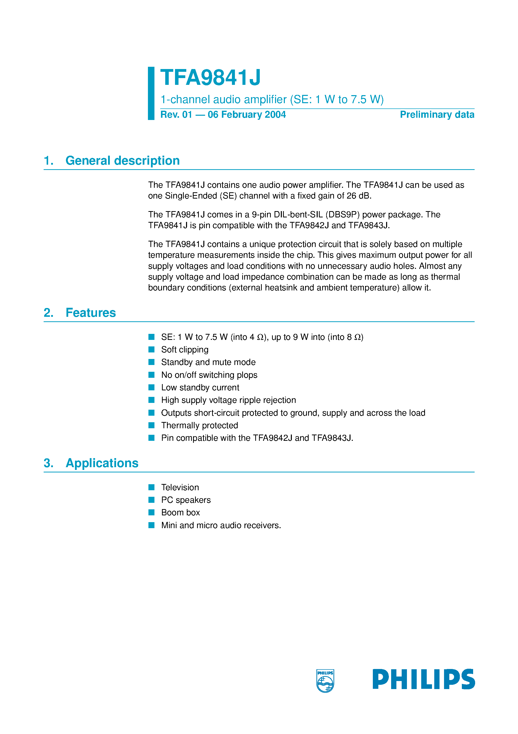 Datasheet TFA9841J - 1-channel audio amplifier page 1