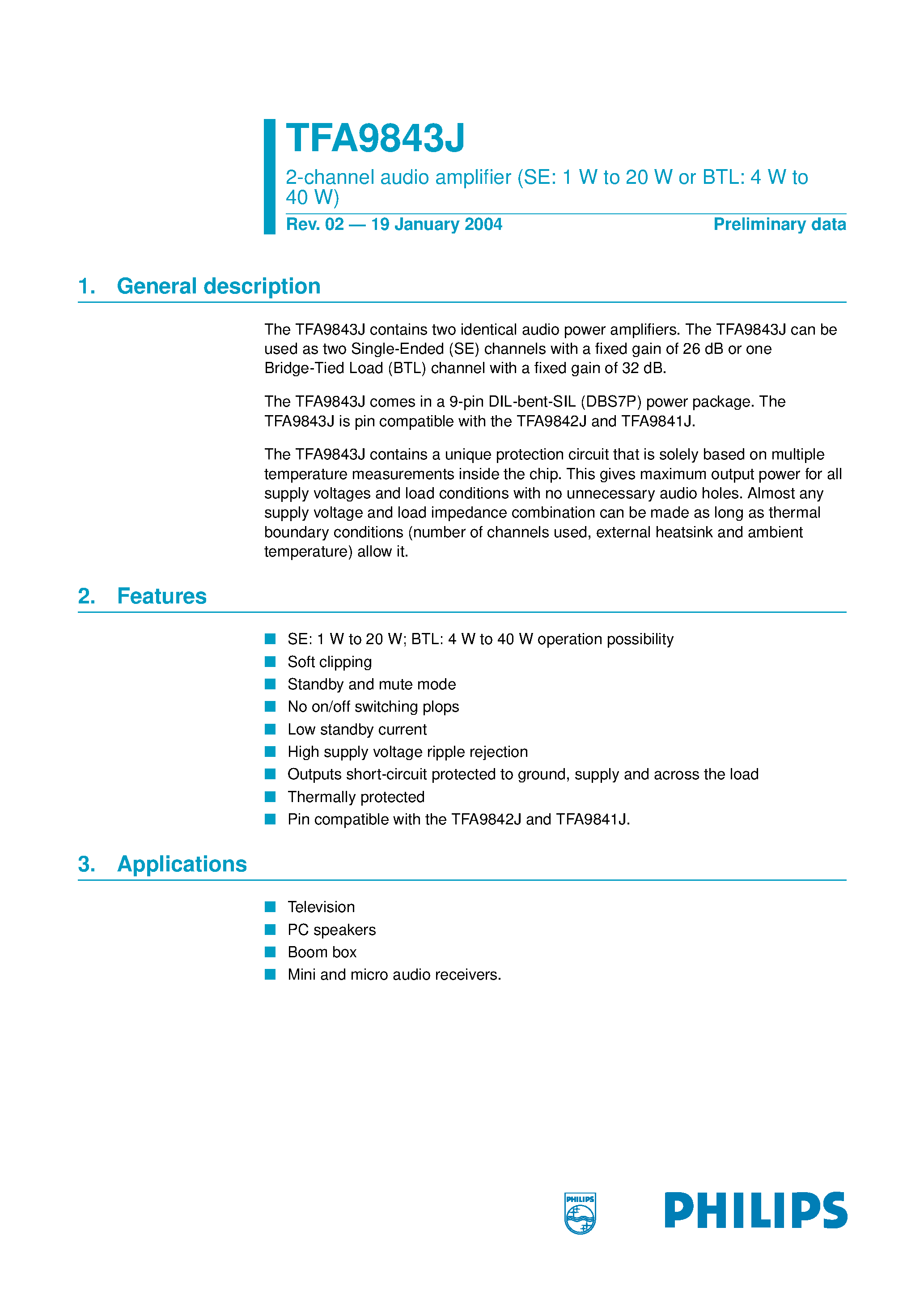 Datasheet TFA9843J page 1 Datasheet TFA9843J - 2-channel audio amplifier page 1