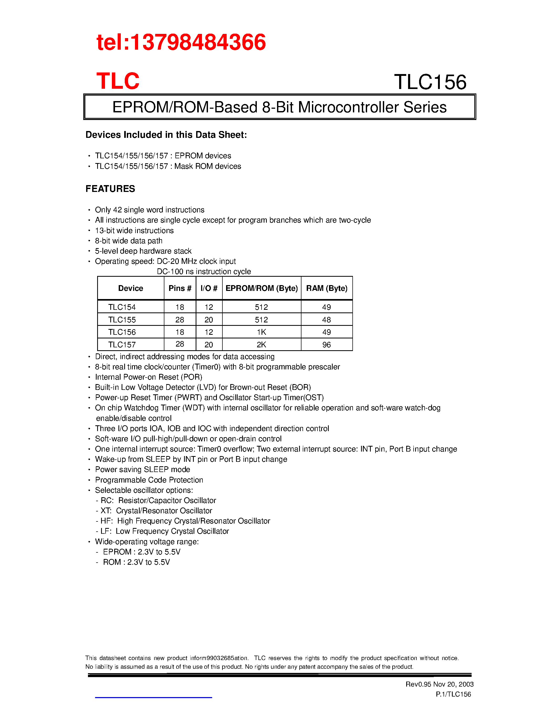 Даташит TLC156 - EPROM / ROM-Based 8-Bit Microcontroller Series страница 1