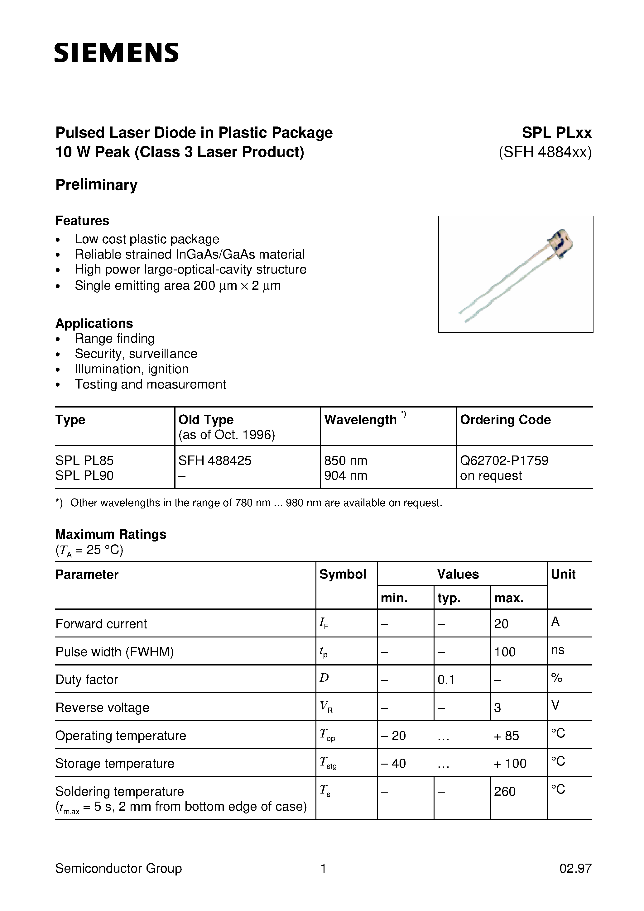 Даташит SPLPLxxx - Pulsed Laser Diode in Plastic Package 10 W Peak Class 3 Laser Product страница 1