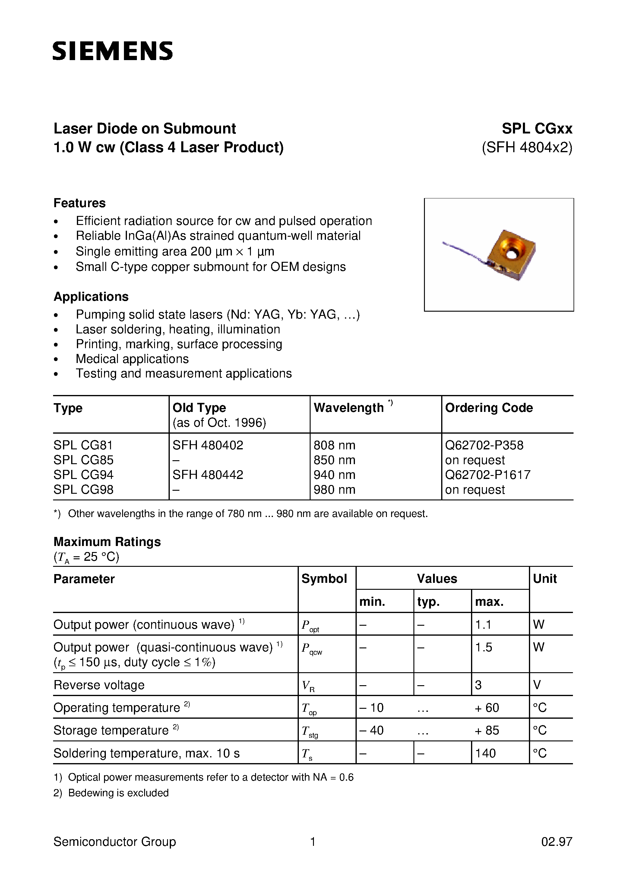 Datasheet SPLCGxxx - Laser Diode on Submount 1.0 W cw Class 4 Laser Product page 1