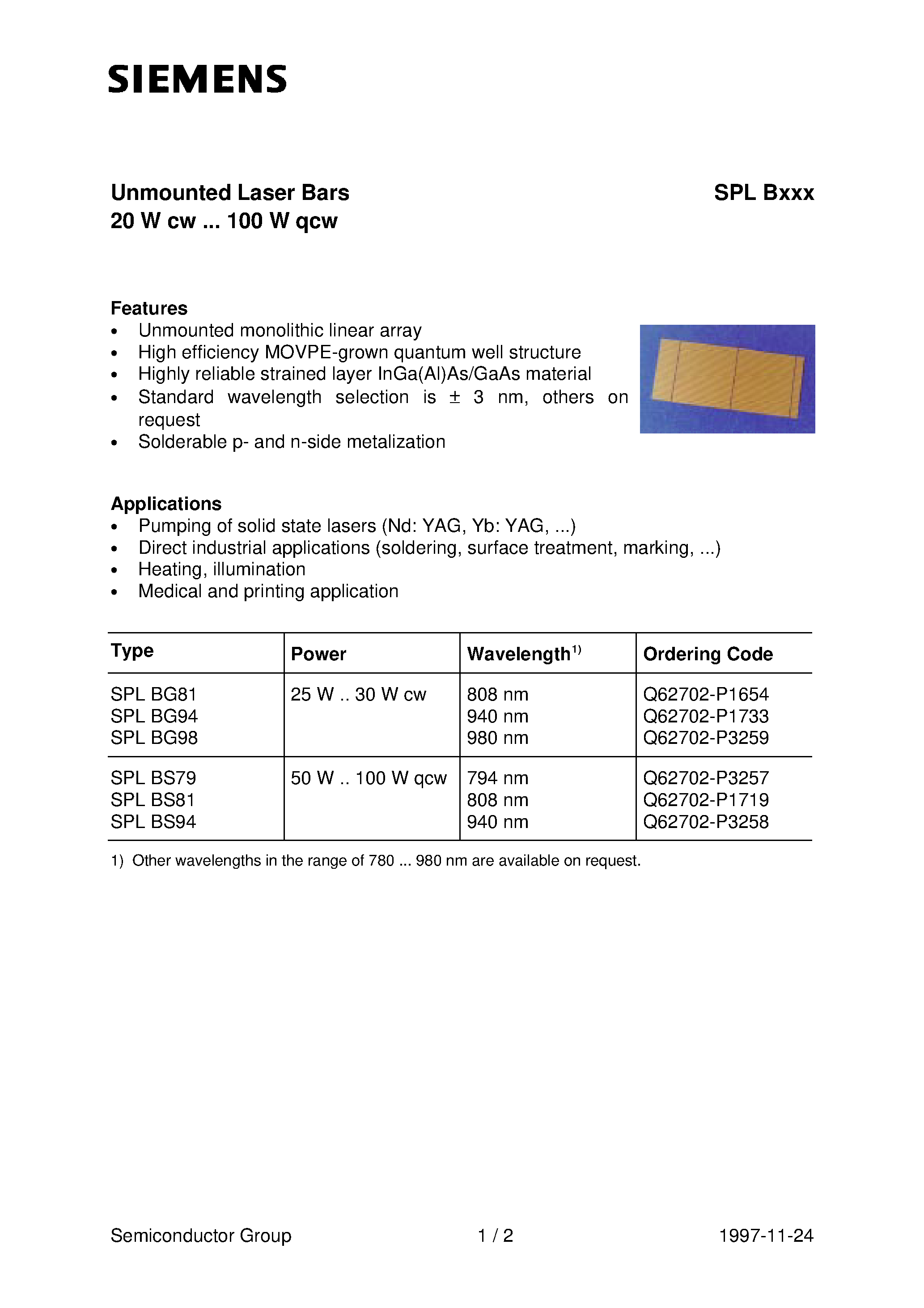 Datasheet SPLBxxx - Unmounted Laser Bars 20 W cw ... 100 W qcw page 1