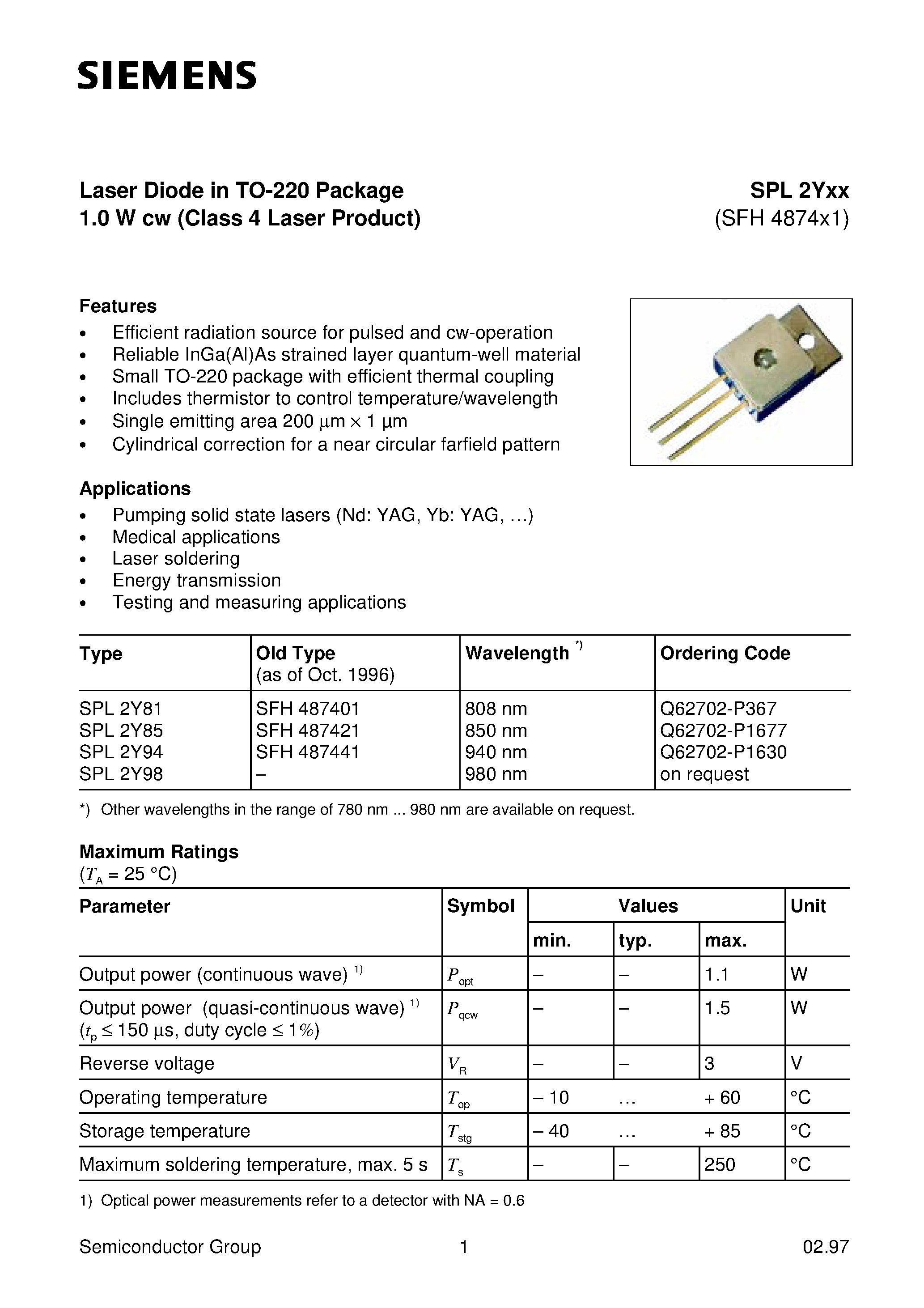 Даташит на микросхему SPL2Yxx страница 1 Даташит SPL2Yxx - Laser Diode in TO-220 Package 1.0 W cw Class 4 Laser Product страница 1