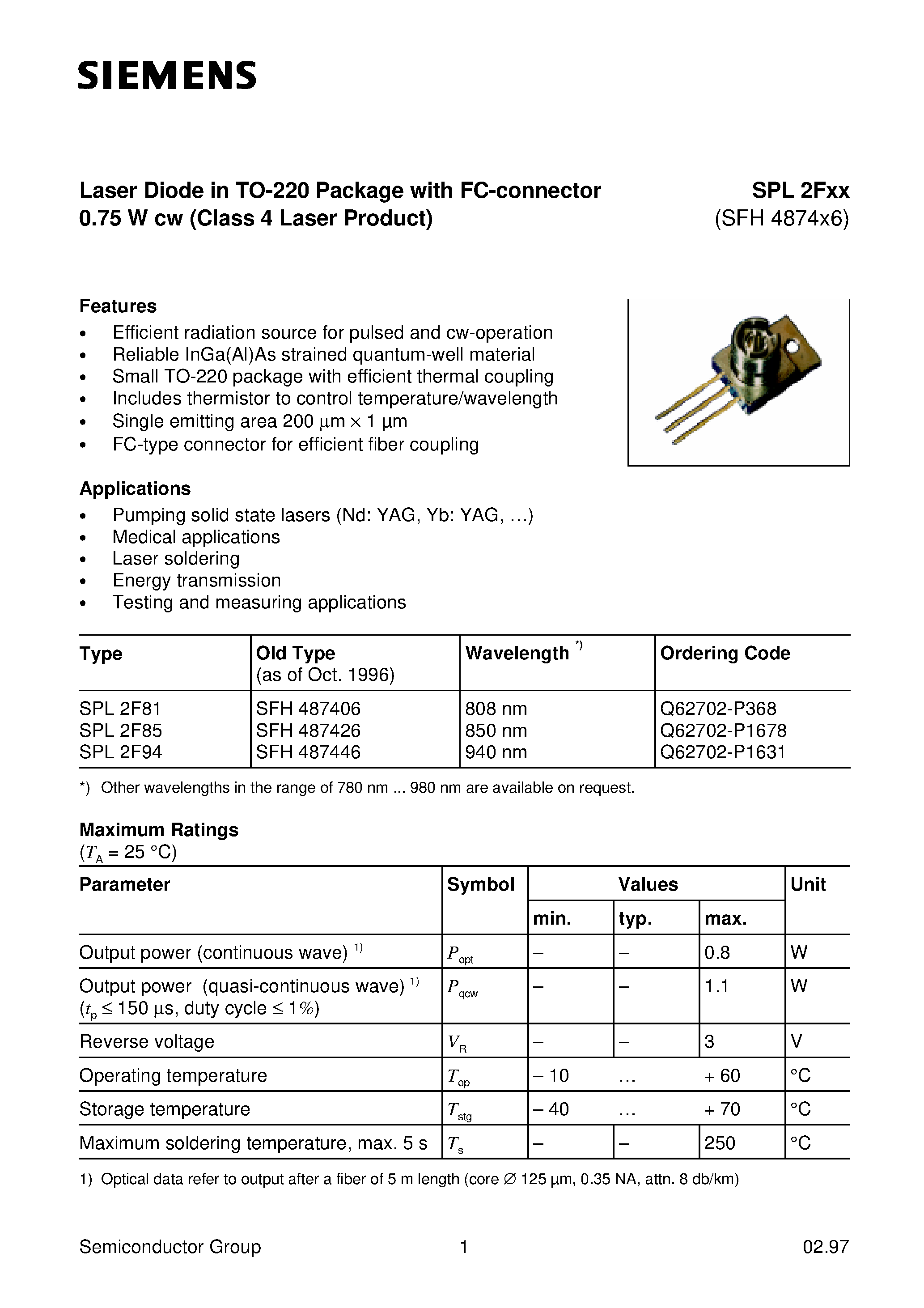 Даташит SPL2Fxx - Laser Diode in TO-220 Package with FC-connector 0.75 W cw Class 4 Laser Product страница 1