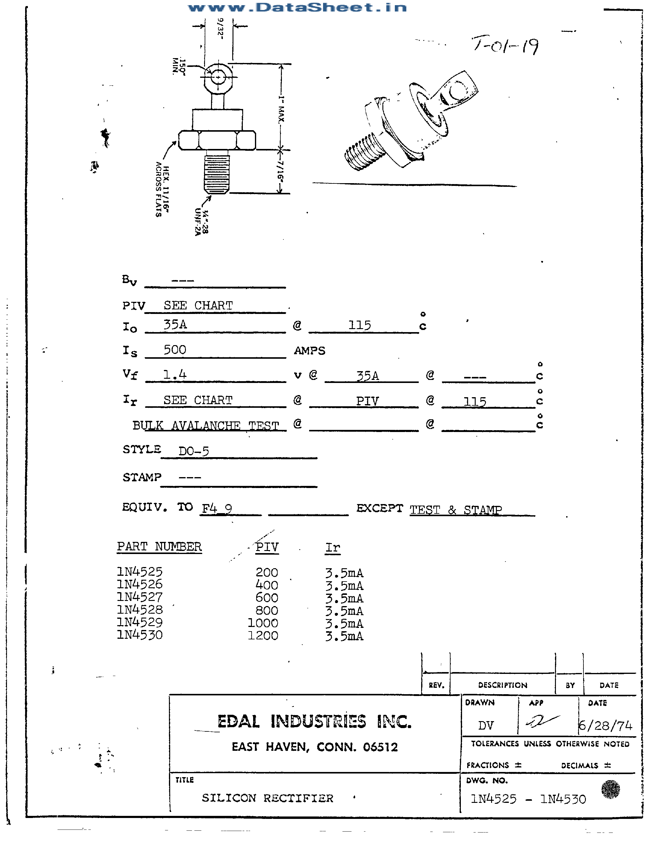 Datasheet 1N4525 page 1 Datasheet 1N4525 - (1N4525 - 1N4530) RECTIFIER DIODE page 1
