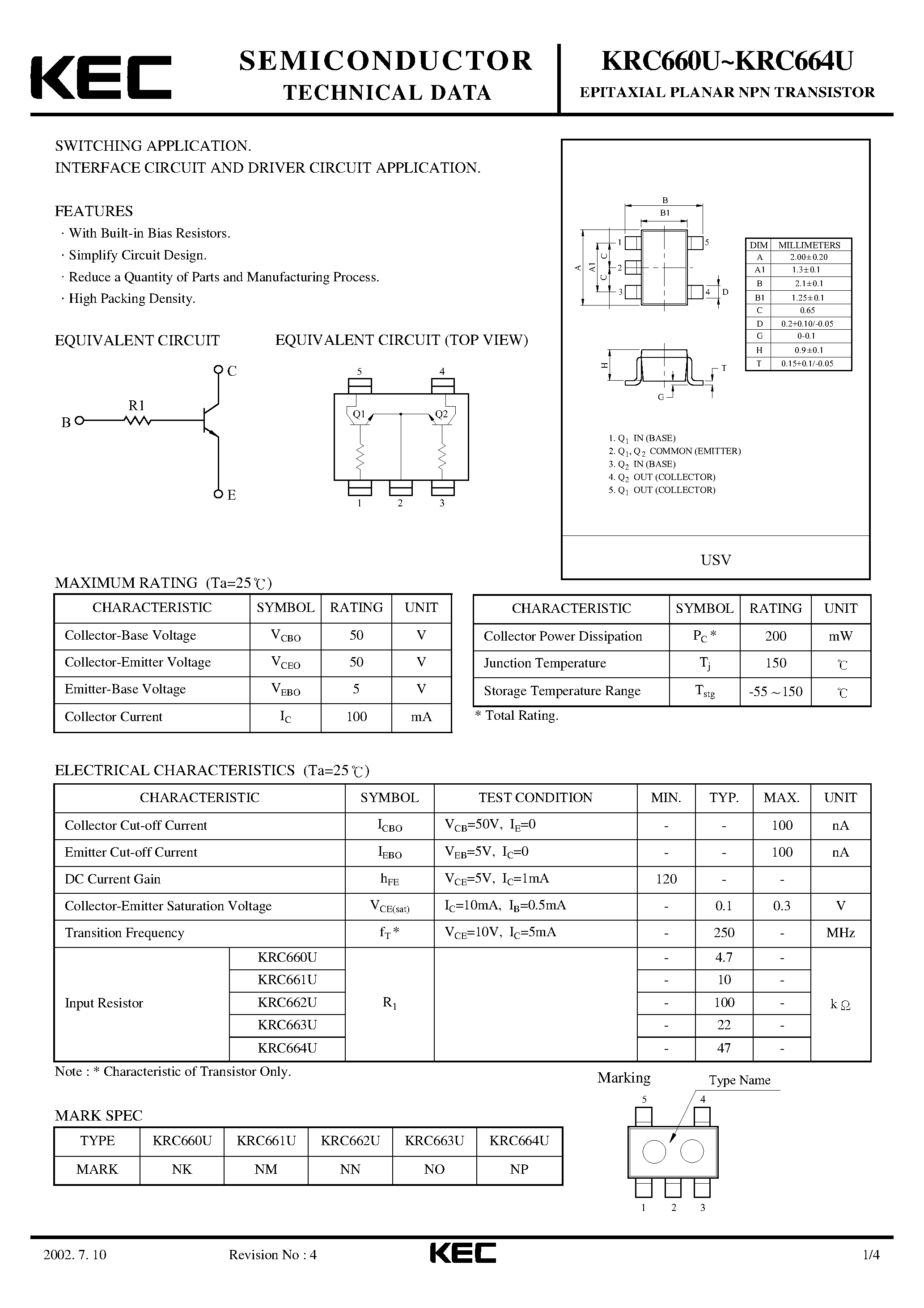Даташит KRC660U - (KRC660U - KRC664U) EPITAXIAL PLANAR NPN TRANSISTOR страница 1