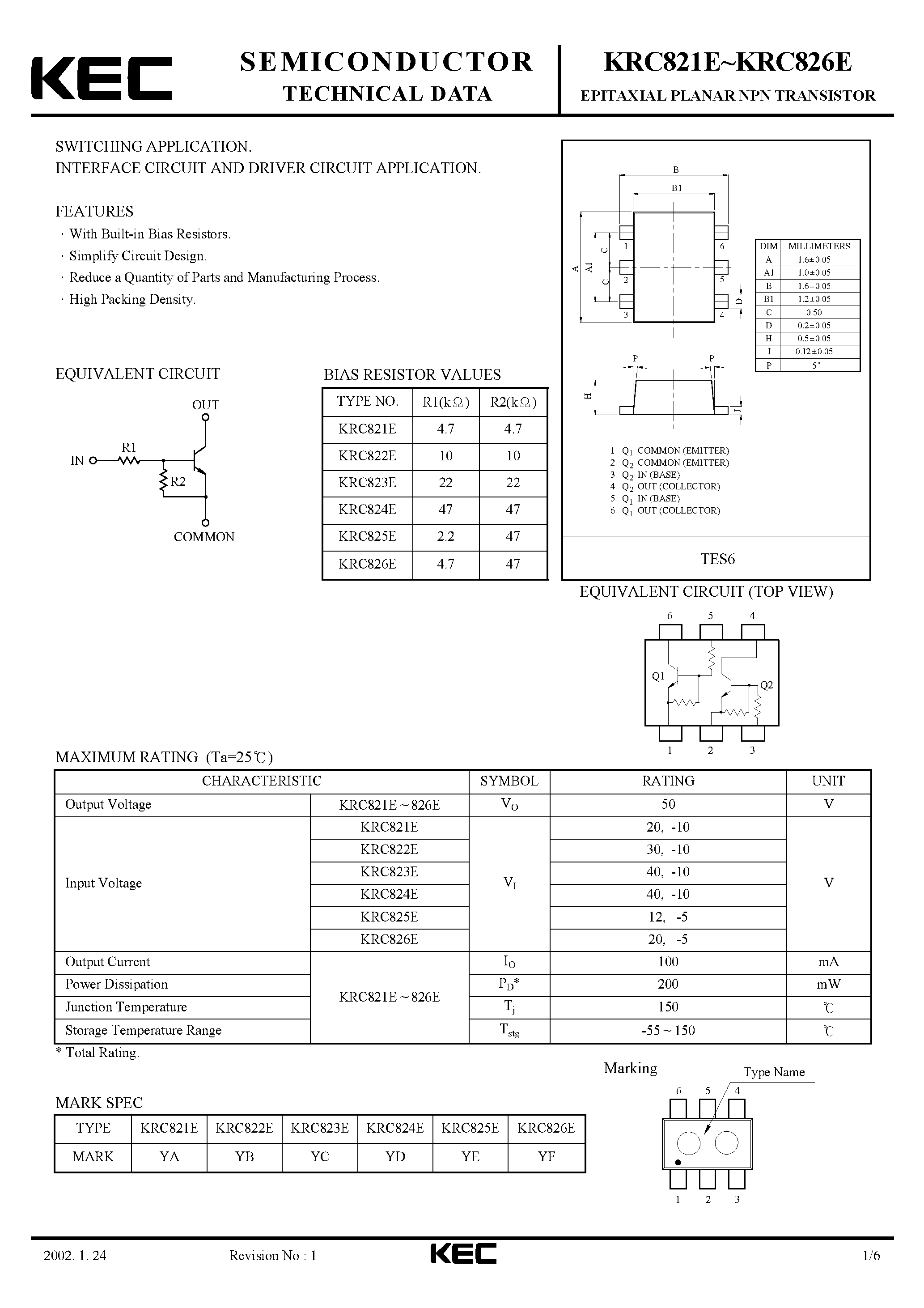 Даташит KRC821E - (KRC821E - KRC826E) EPITAXIAL PLANAR NPN TRANSISTOR страница 1