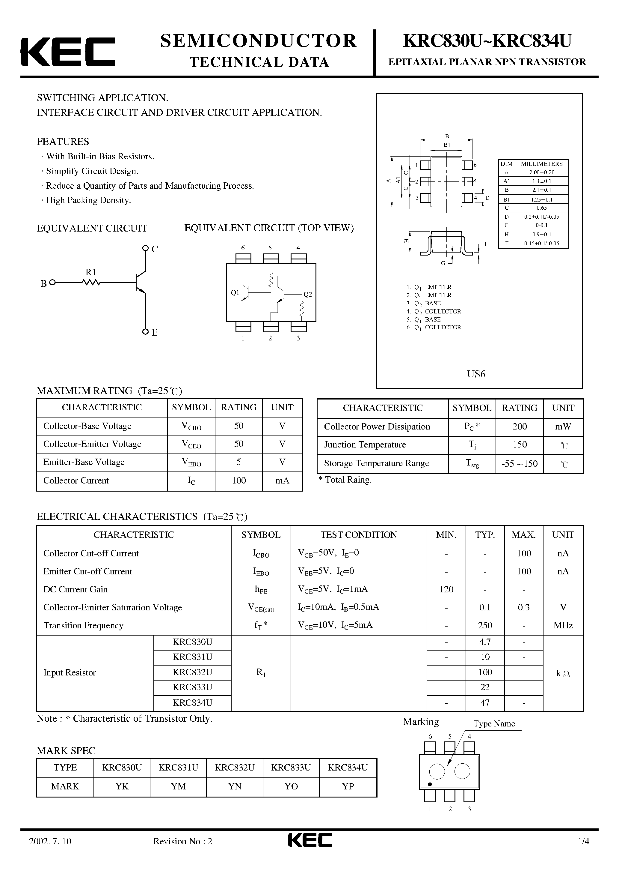 Даташит на микросхему KRC830U страница 1 Даташит KRC830U - (KRC830U - KRC834U) EPITAXIAL PLANAR NPN TRANSISTOR страница 1