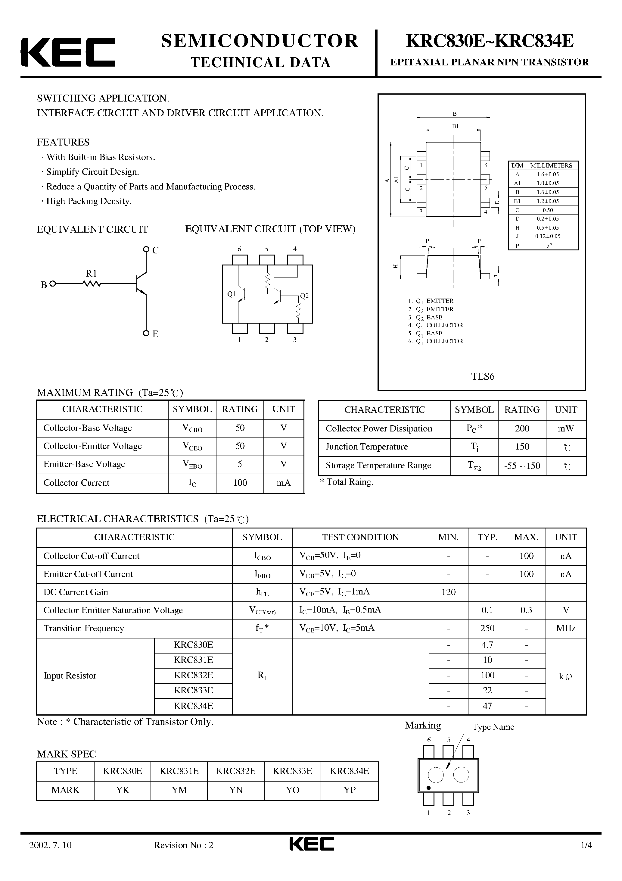 Даташит на микросхему KRC830E страница 1 Даташит KRC830E - (KRC830E - KRC834E) EPITAXIAL PLANAR NPN TRANSISTOR страница 1