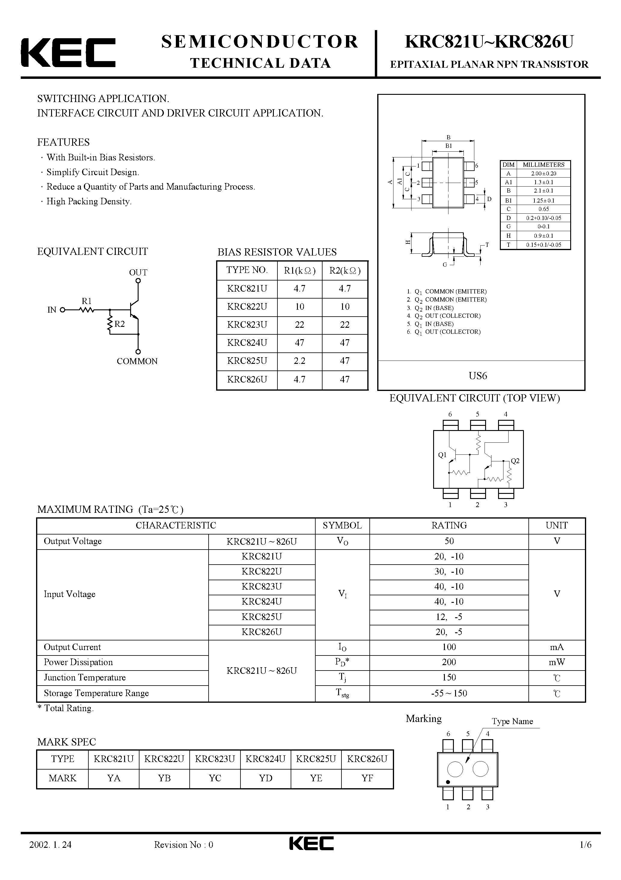 Даташит KRC821U - (KRC821U - KRC826U) EPITAXIAL PLANAR NPN TRANSISTOR страница 1