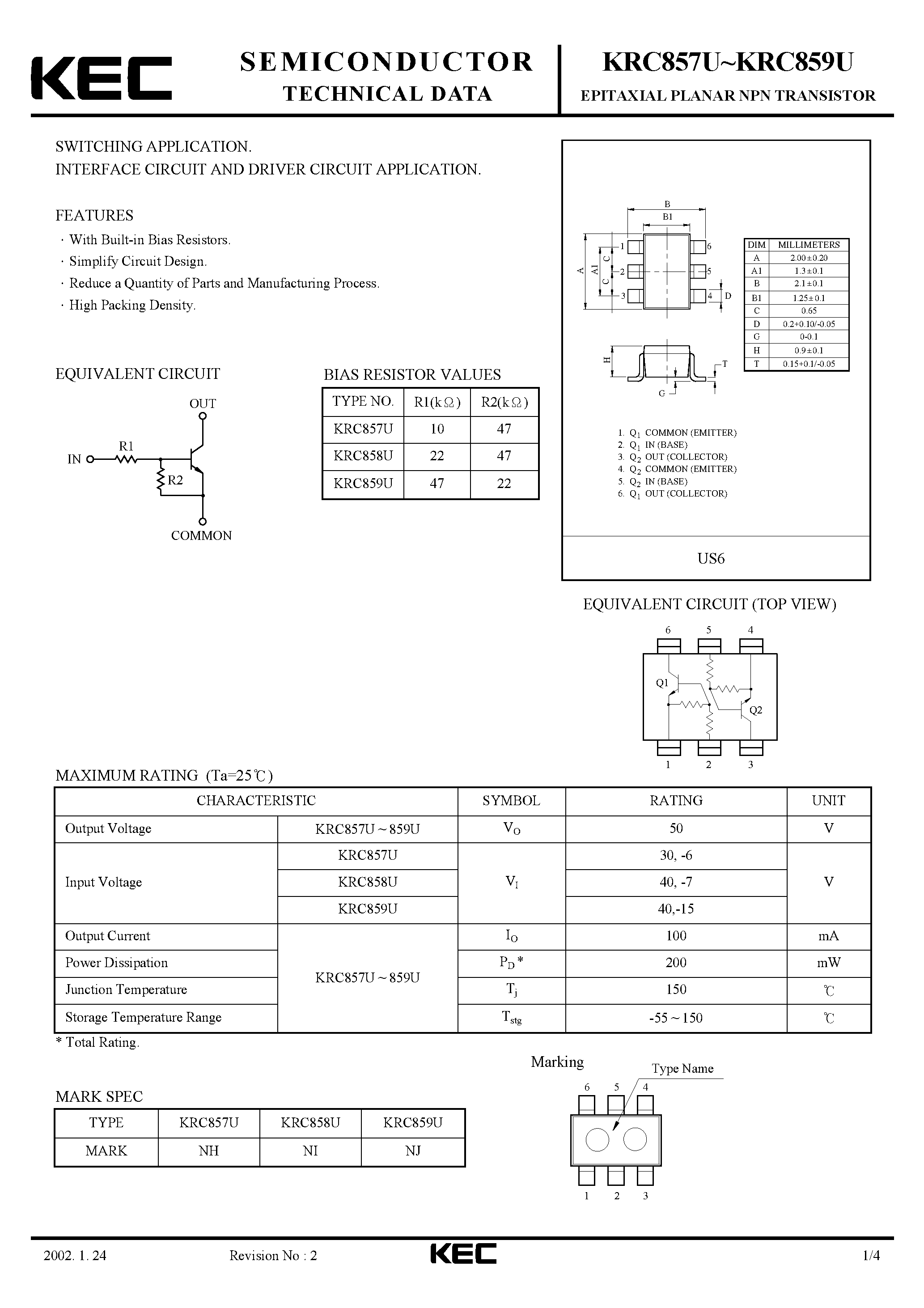 Datasheet KRC857U - (KRC857U - KRC859U) EPITAXIAL PLANAR NPN TRANSISTOR page 1