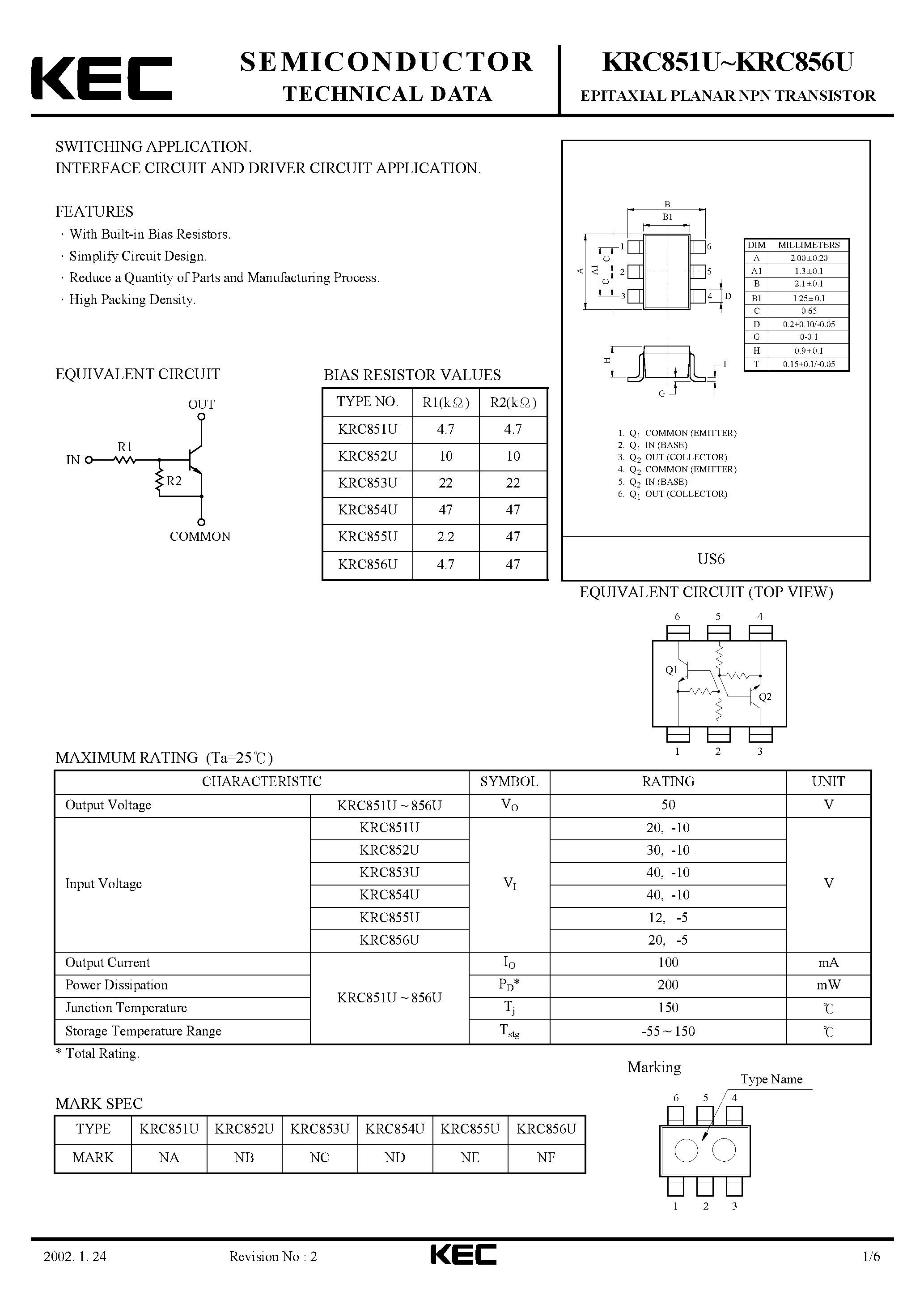 Datasheet KRC851U - (KRC851U - KRC856U) EPITAXIAL PLANAR NPN TRANSISTOR page 1
