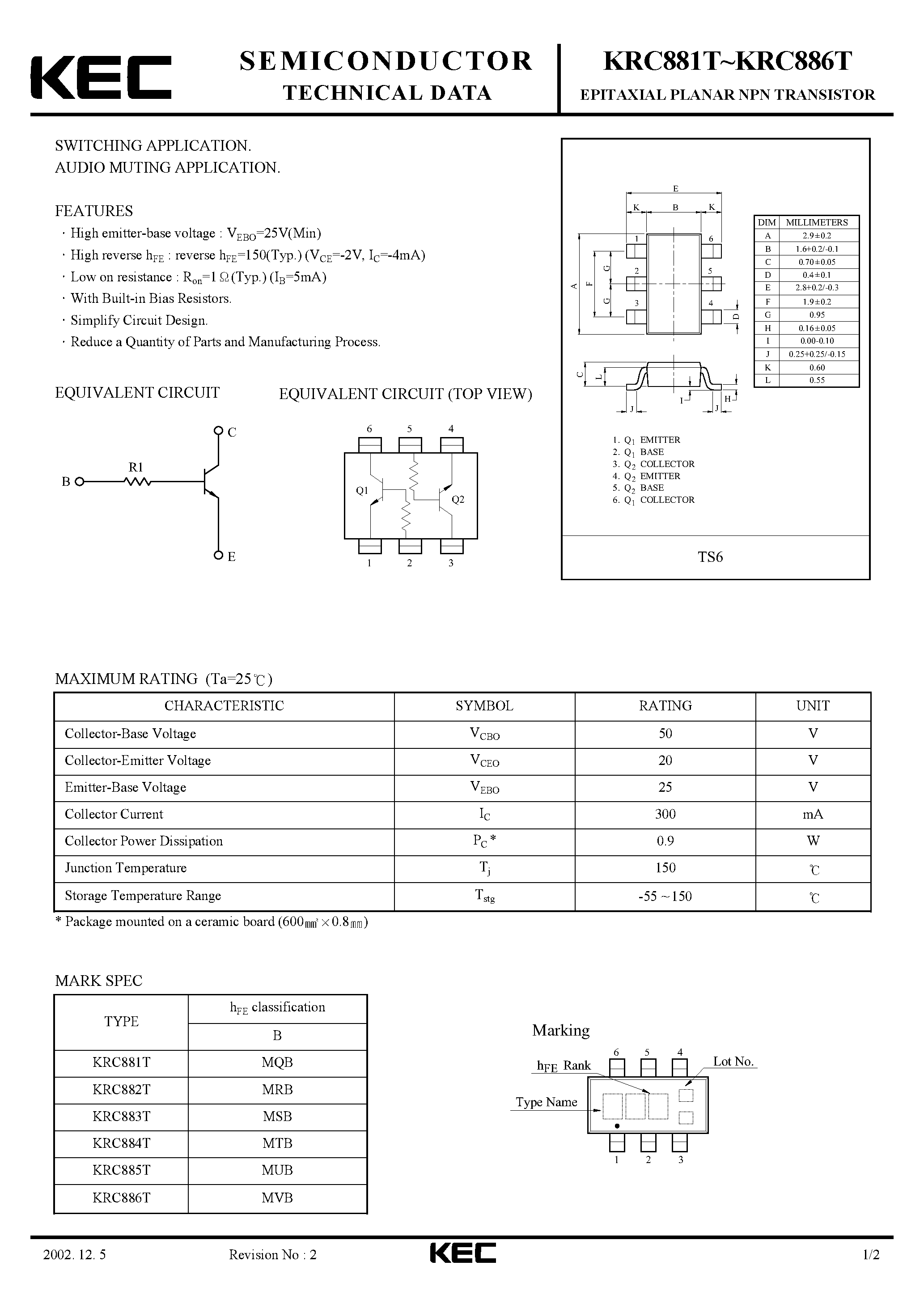 Datasheet KRC881T - (KRC881T - KRC886T) EPITAXIAL PLANAR NPN TRANSISTOR page 1