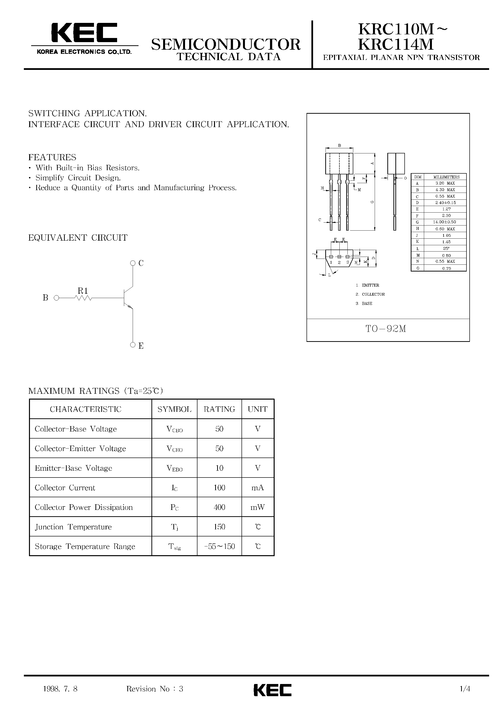 Datasheet KRC110M page 1 Datasheet KRC110M - (KRC110M - KRC114M) EPITAXIAL PLANAR PNP TRANSISTOR page 1