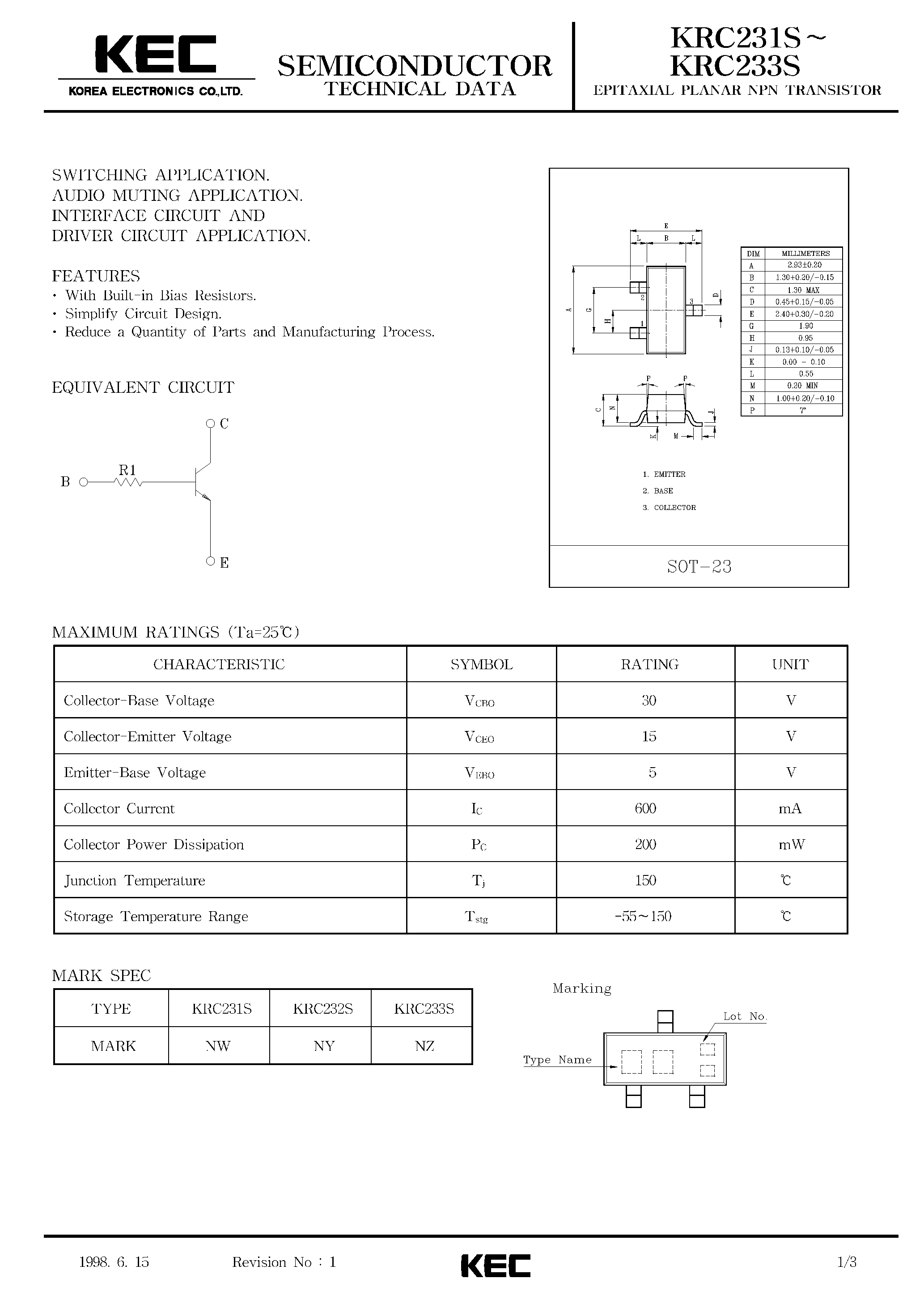 Datasheet KRC231S - (KRC231S - KRC233S) EPITAXIAL PLANAR NPN TRANSISTOR page 1