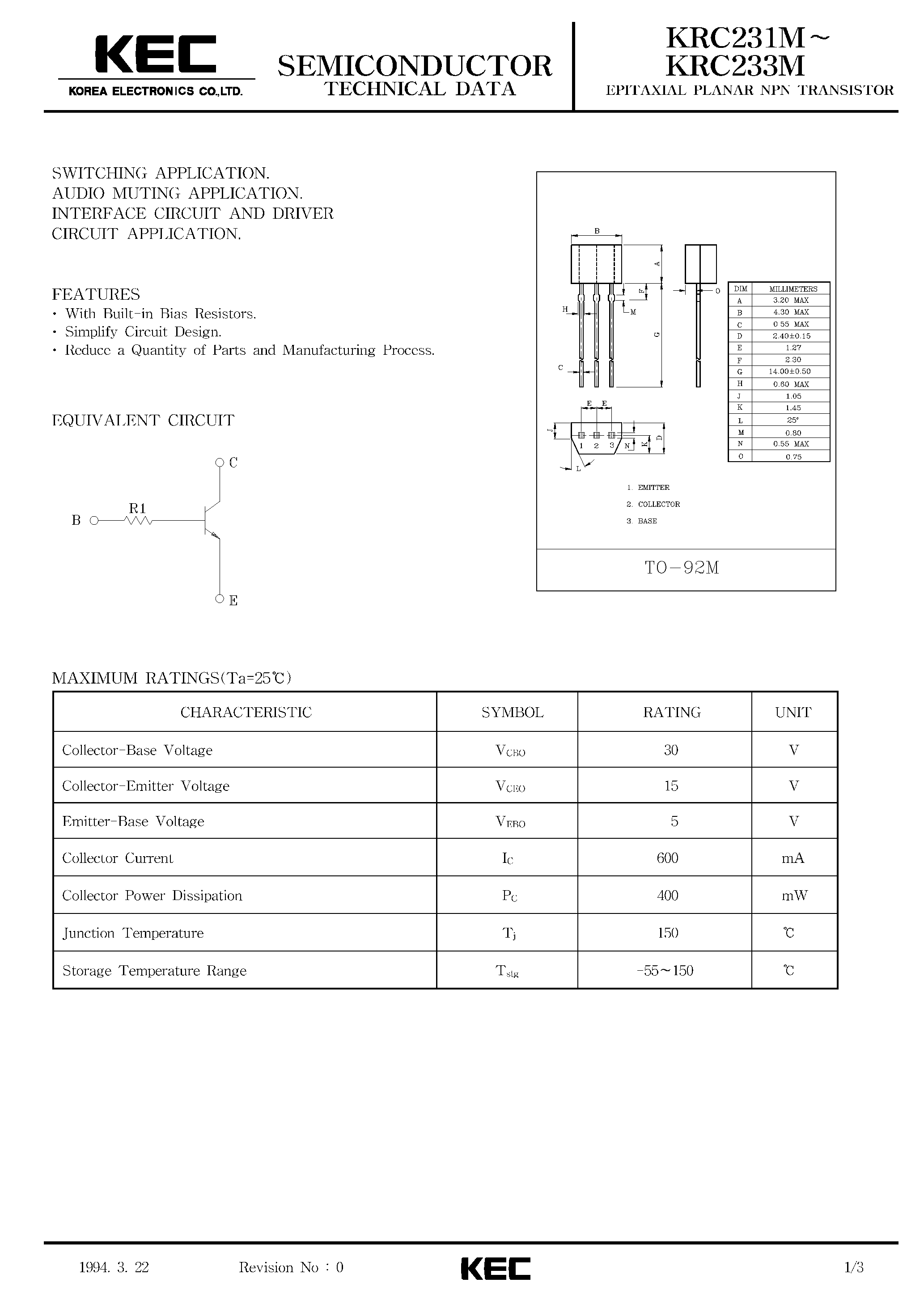 Datasheet KRC231M - (KRC231M - KRC233M) EPITAXIAL PLANAR NPN TRANSISTOR page 1