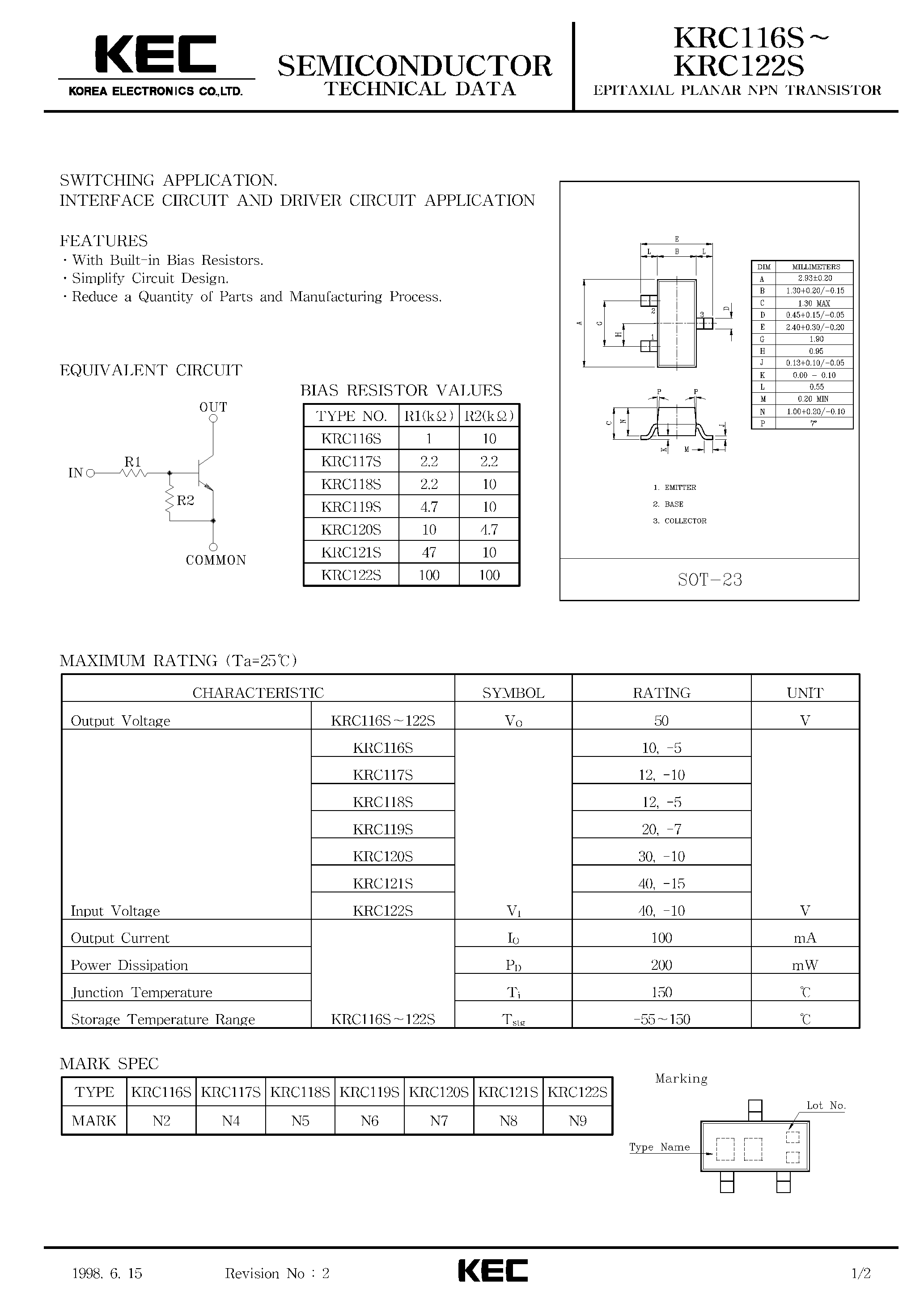 Даташит KRC116S - (KRC116S - KRC122S) EPITAXIAL PLANAR NPN TRANSISTOR страница 1