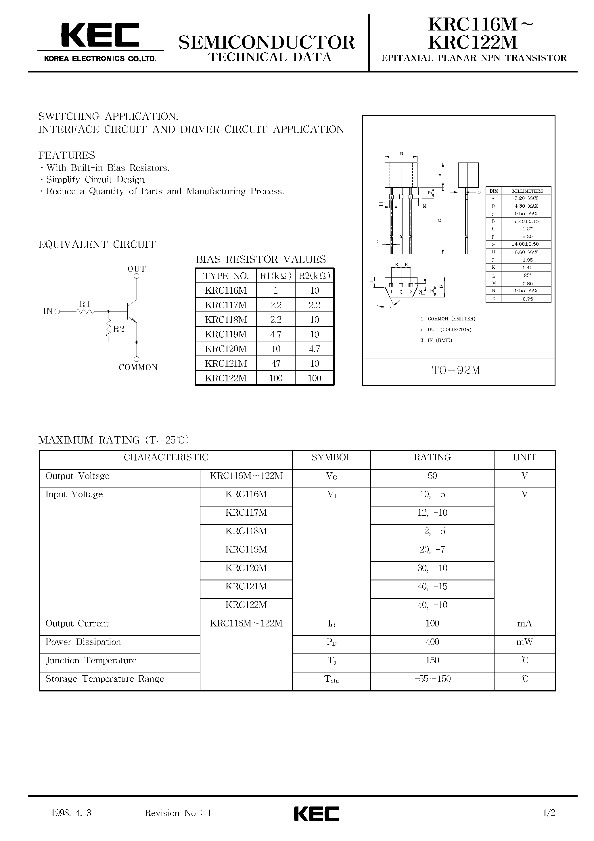 Даташит KRC116M - (KRC116M - KRC122M) EPITAXIAL PLANAR NPN TRANSISTOR страница 1