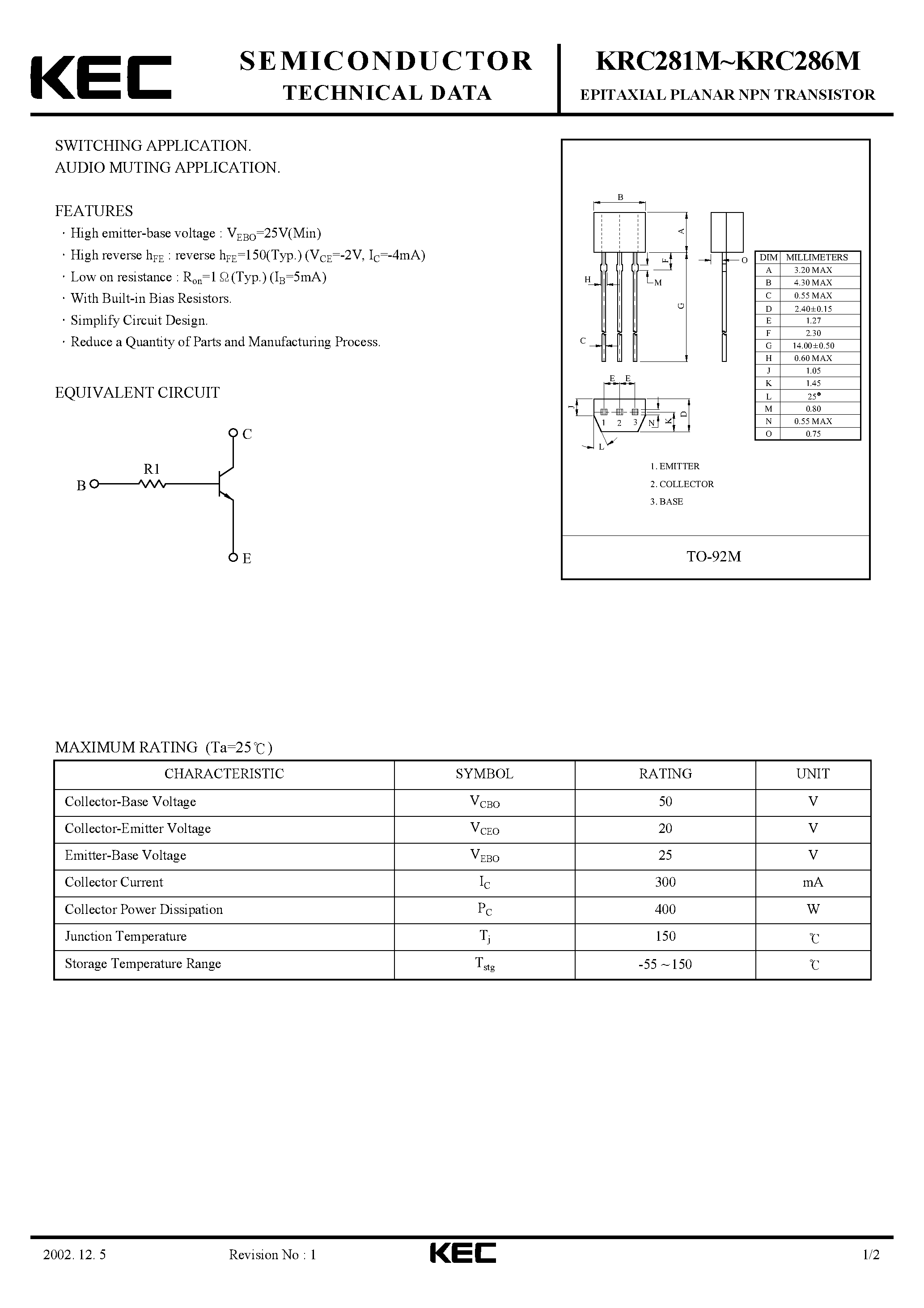 Даташит на микросхему KRC281M страница 1 Даташит KRC281M - (KRC281M - KRC286M) EPITAXIAL PLANAR NPN TRANSISTOR страница 1