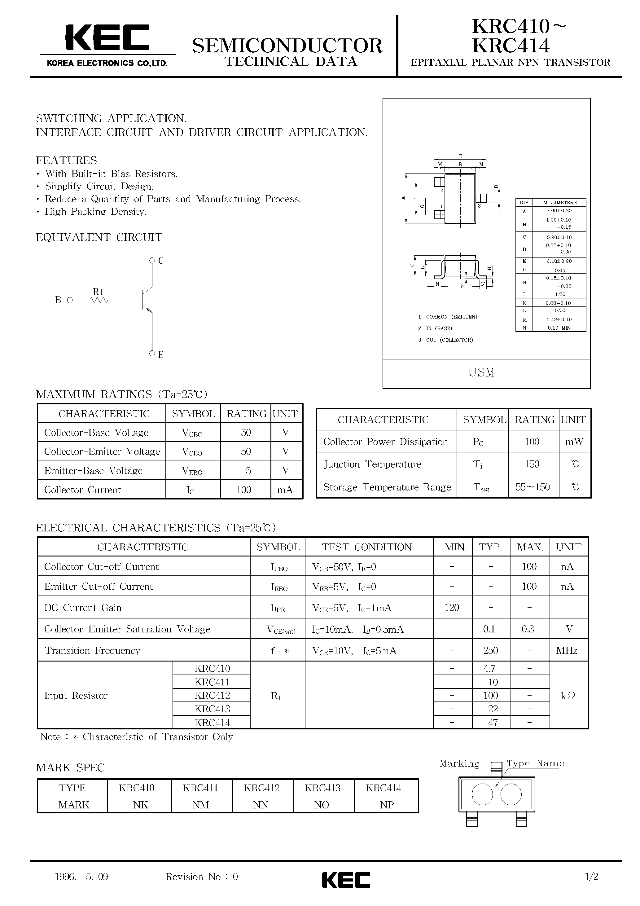 Даташит KRC410 - (KRC410 - KRC414) EPITAXIAL PLANAR NPN TRANSISTOR страница 1