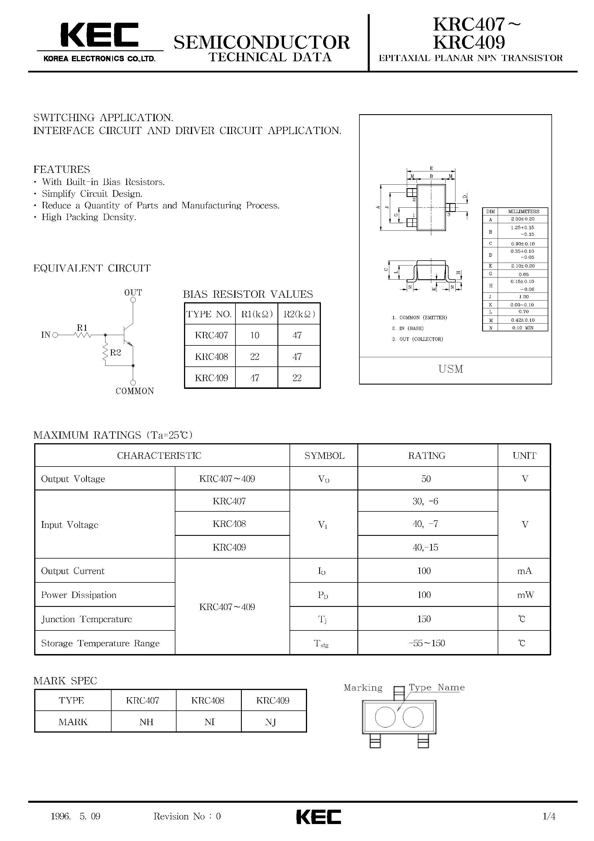 Даташит KRC407 - (KRC407 - KRC409) EPITAXIAL PLANAR NPN TRANSISTOR страница 1