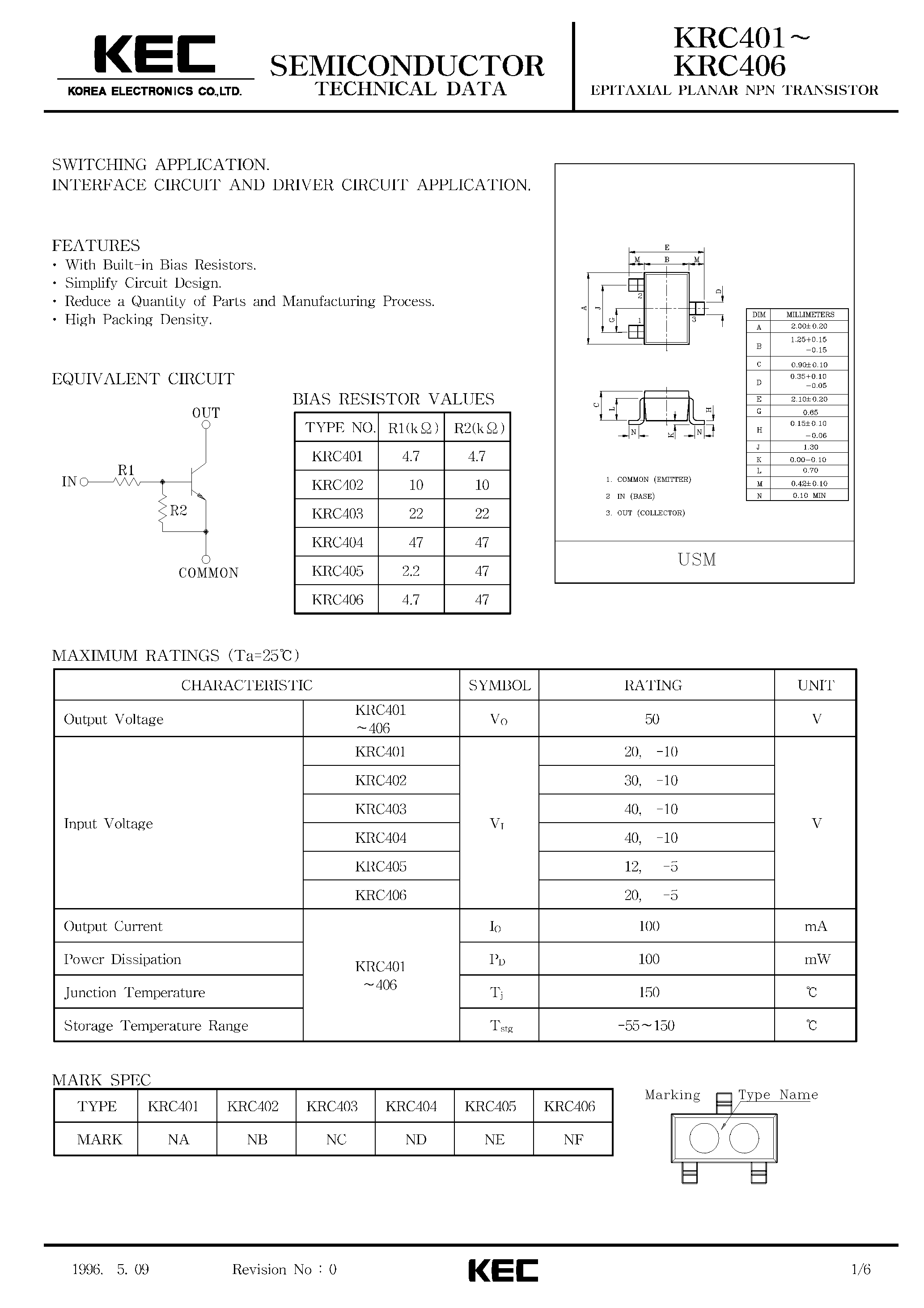 Даташит KRC401 - (KRC401 - KRC406) EPITAXIAL PLANAR NPN TRANSISTOR страница 1