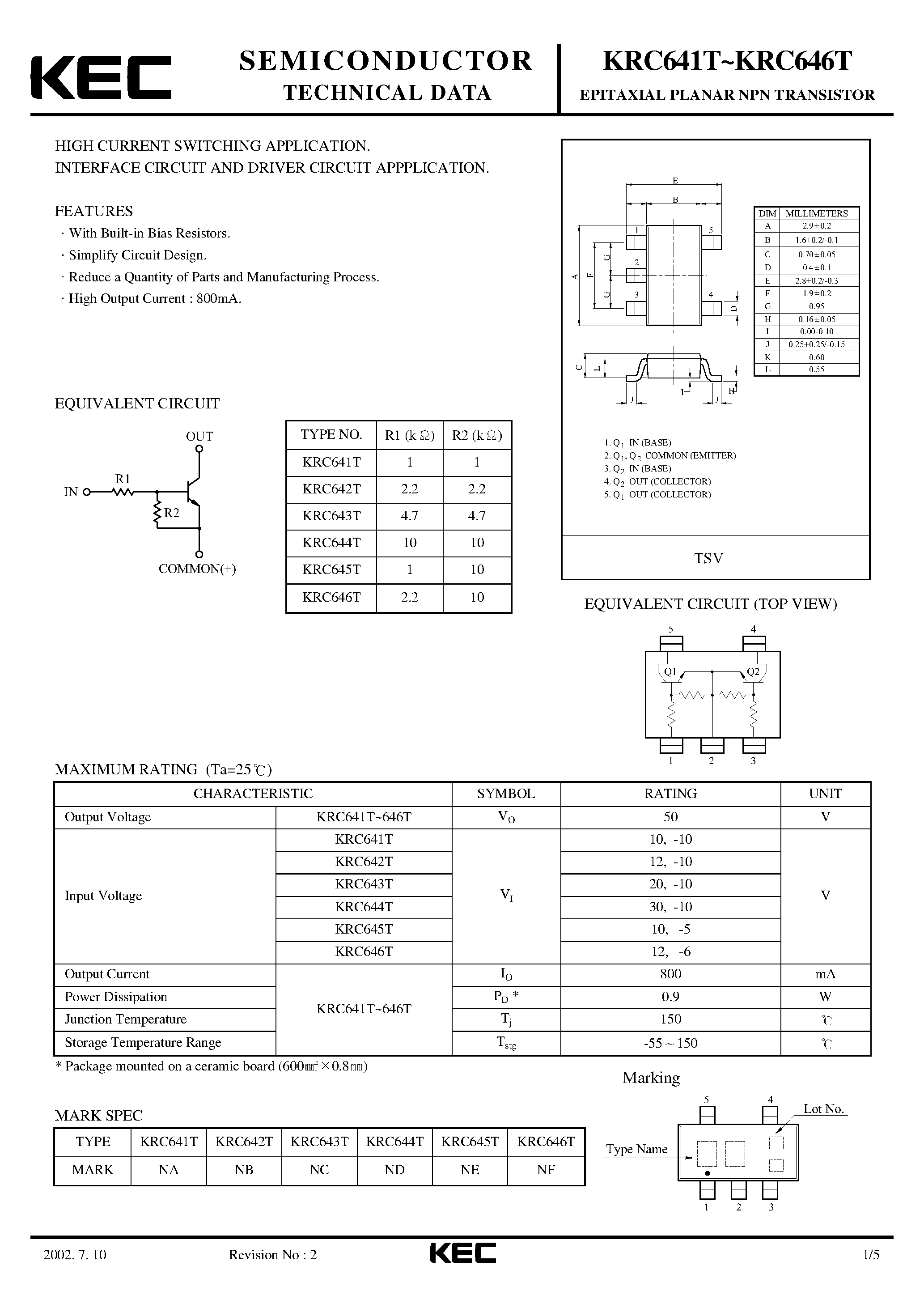 Даташит KRC642T - (KRC641T - KRC646T) EPITAXIAL PLANAR NPN TRANSISTOR страница 1