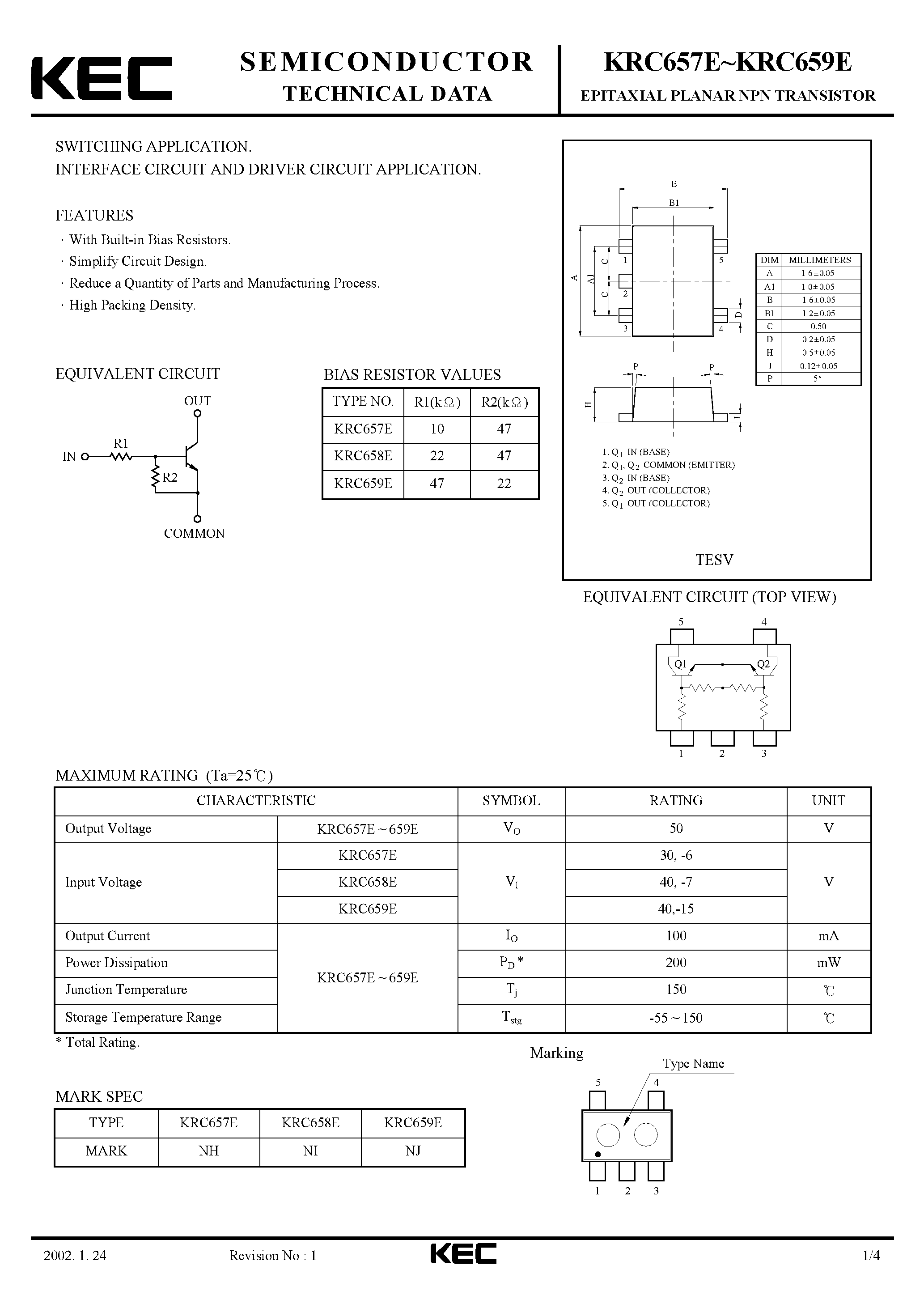 Даташит KRC657E - (KRC657E - KRC659E) EPITAXIAL PLANAR NPN TRANSISTOR страница 1