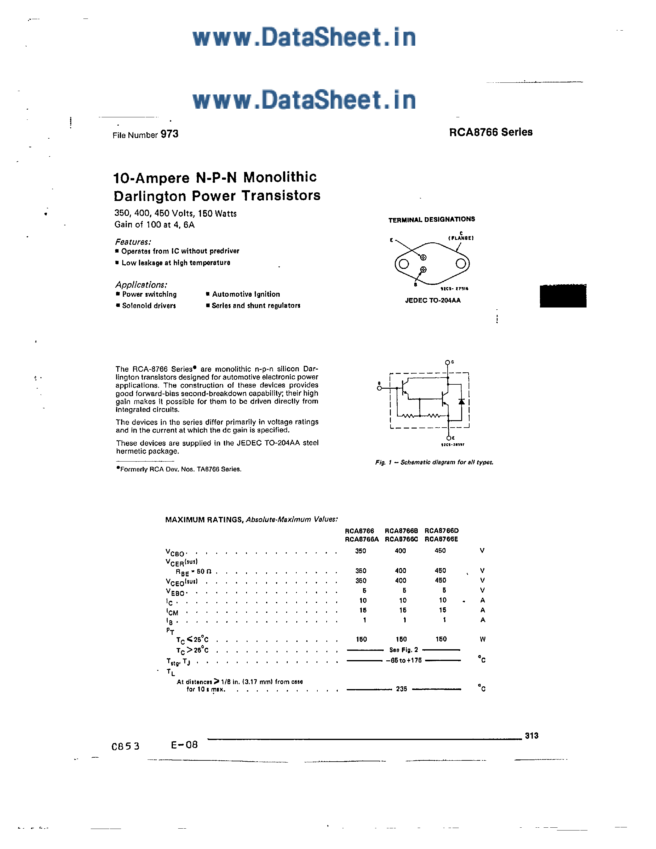 Даташит на микросхему RCA8766 страница 1 Даташит RCA8766 - 10-Ampere N-P-N Monolithic Darlington Power Transistors страница 1