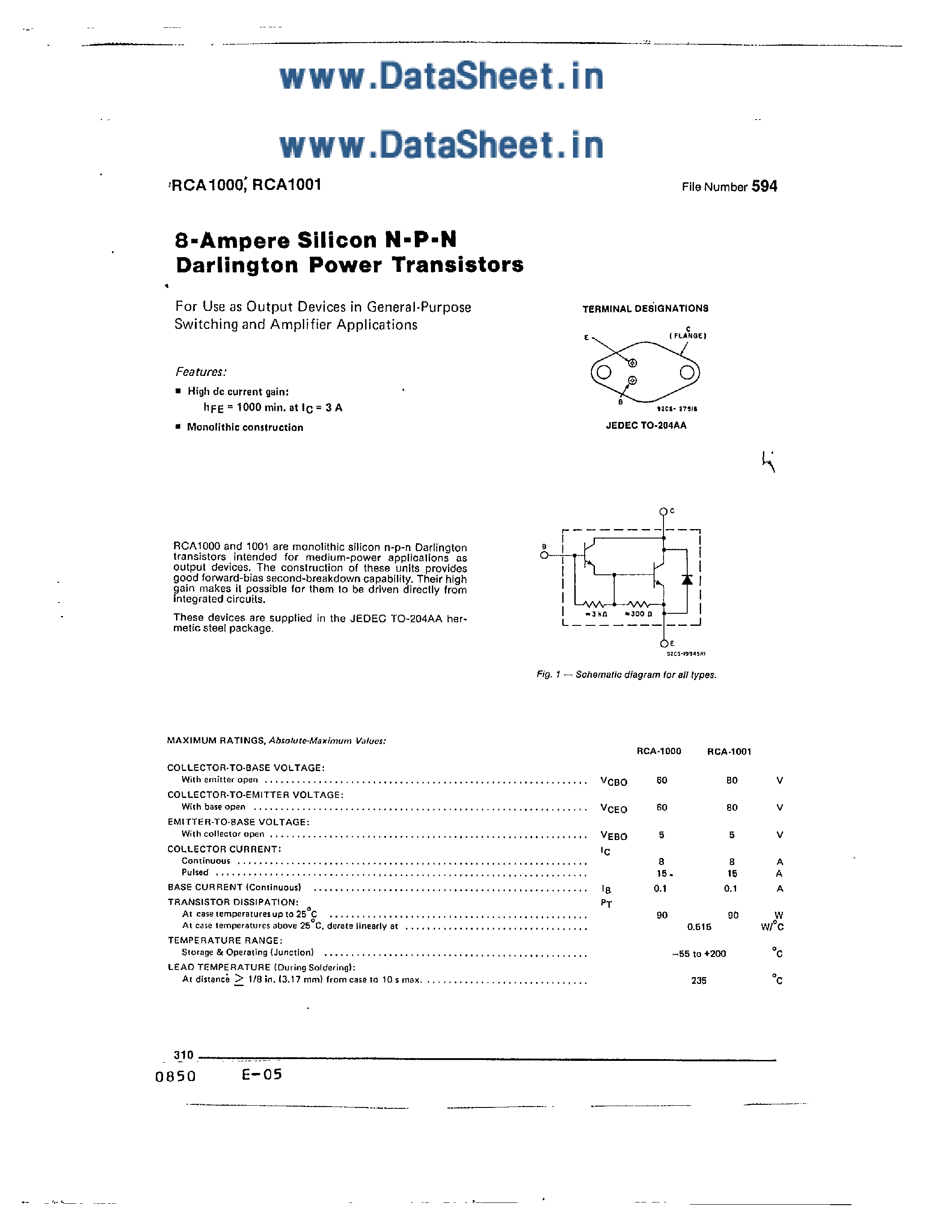 Даташит RCA1000 - (RCA1000 / RCA1001) 8 AMPERE SILICON NPN DARLINGTON POWER TRANSISTORS страница 1