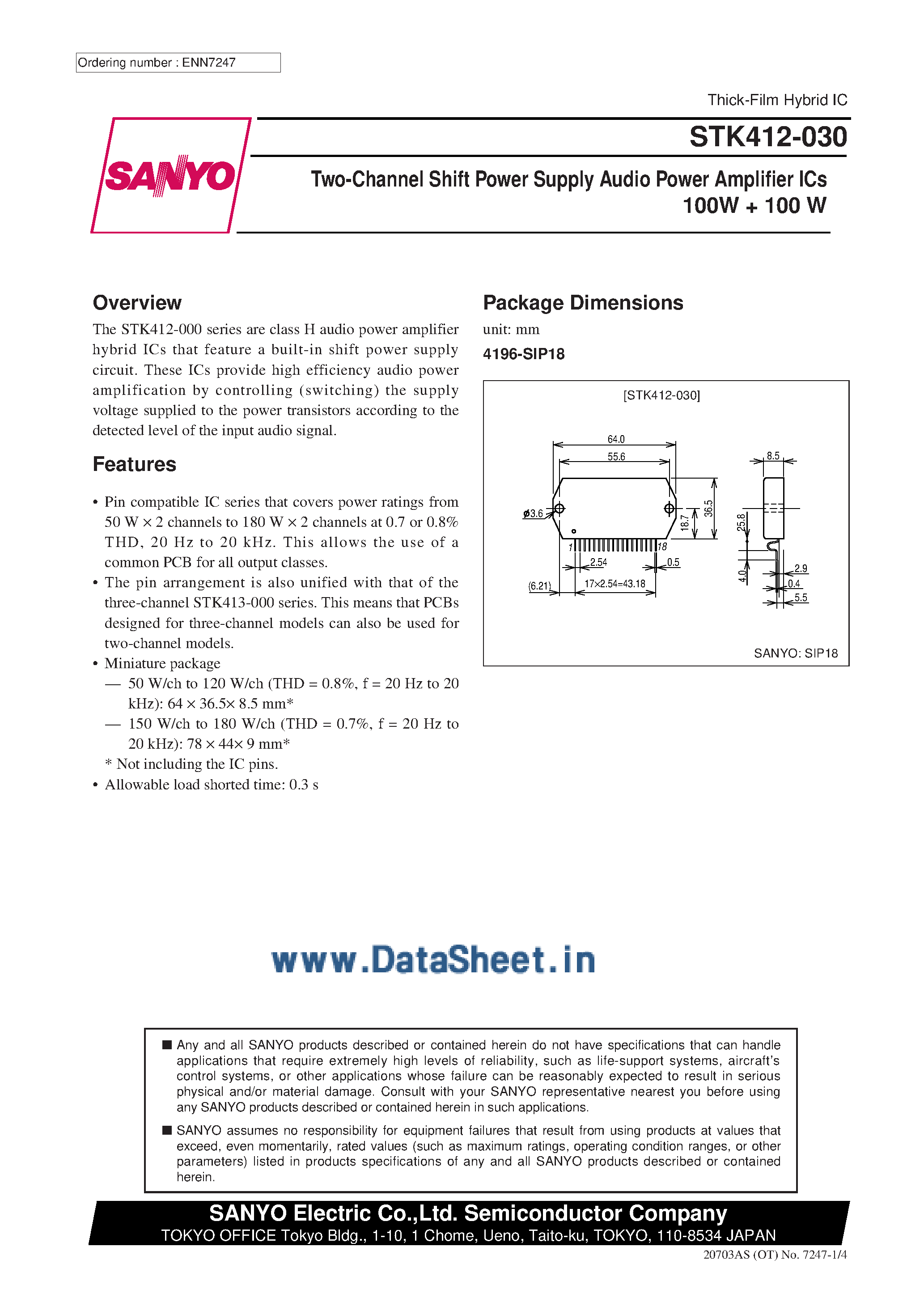 Datasheet STK412-030 page 1 Datasheet STK412-030 - AF Power Amplifier page 1