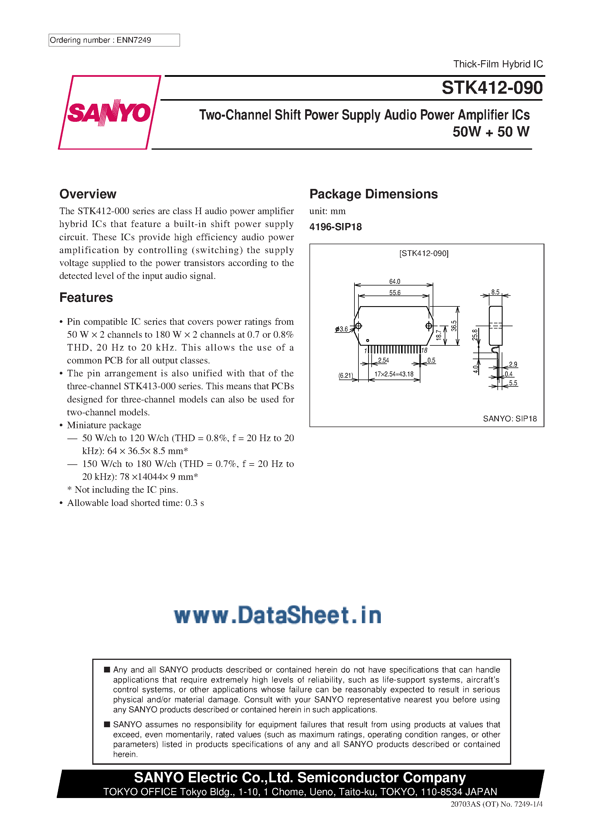 Даташит на микросхему STK412-090 страница 1 Даташит STK412-090 - AF Power Amplifier страница 1