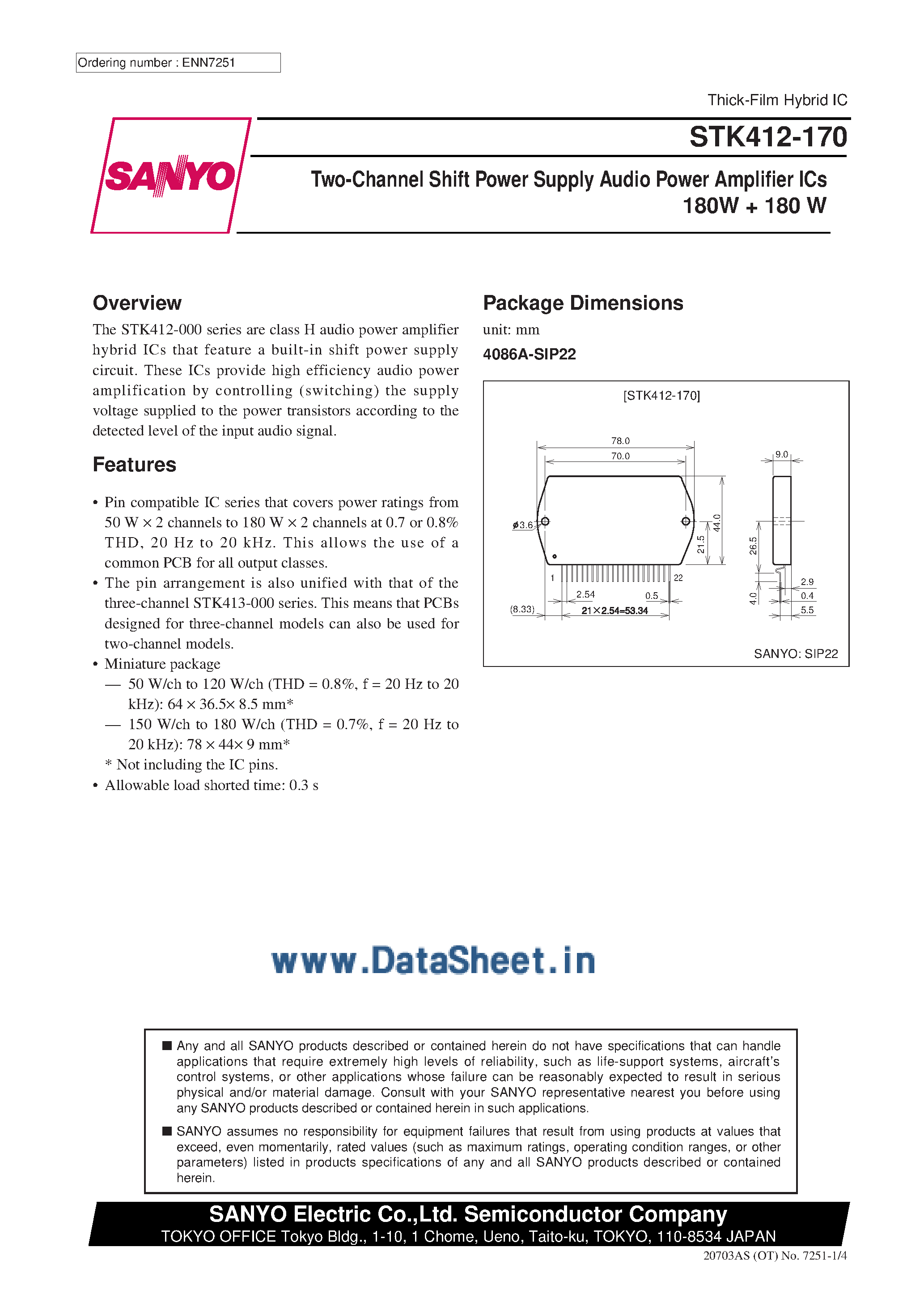 Datasheet STK412-170 page 1 Datasheet STK412-170 - AF Power Amplifier page 1