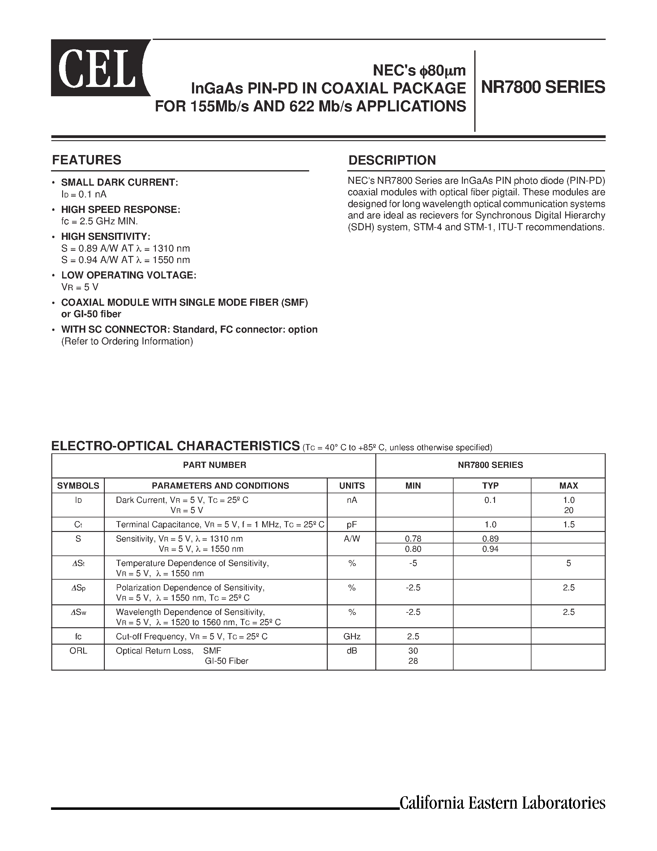 Datasheet NR7800 - NEC pi-80um InGaAs PIN-PD IN COAXIAL PACKAGE FOR 155Mb/s AND 622 Mb/s APPLICATIONS page 1