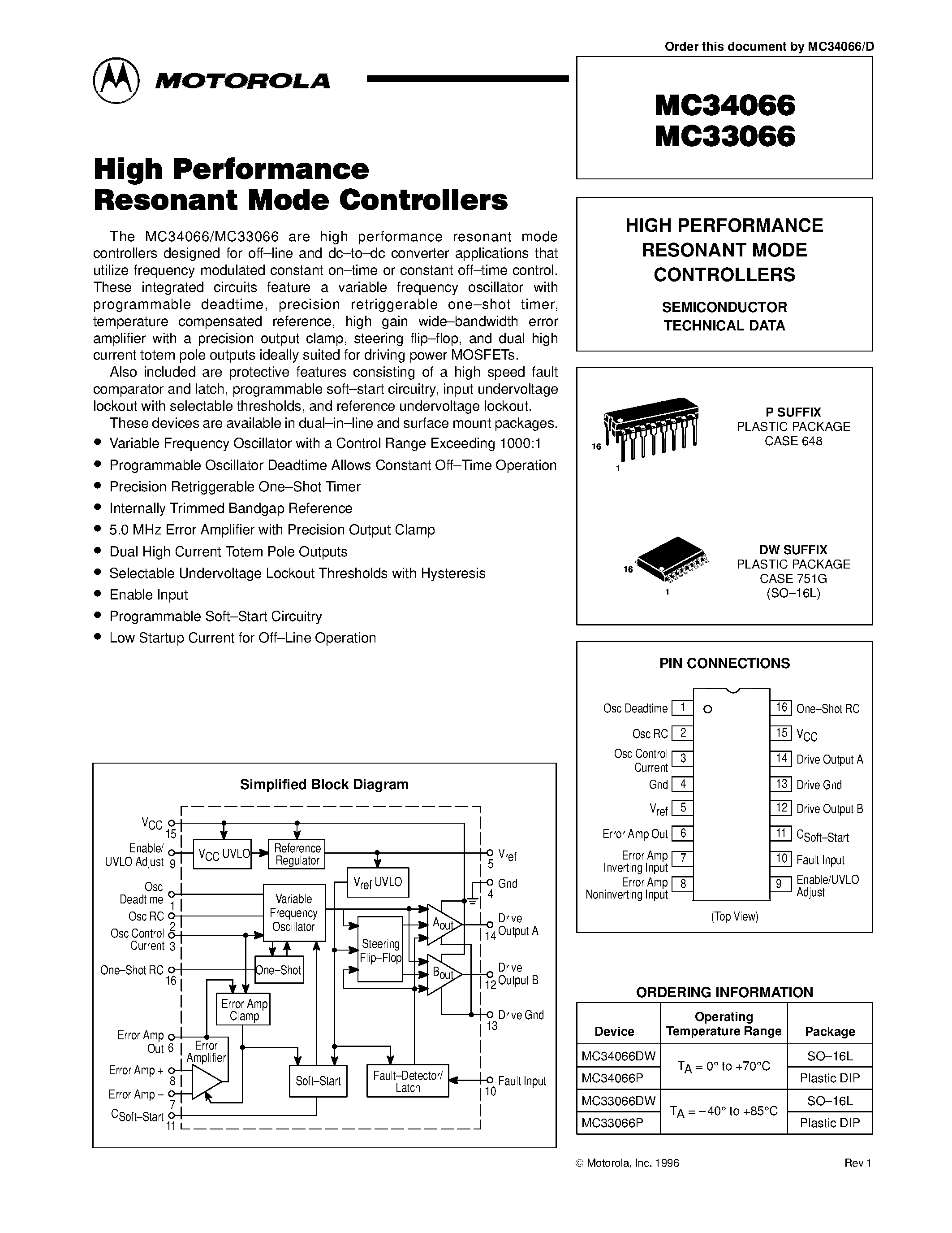 Datasheet MC33066 page 1 Datasheet MC33066 - (MC33066 / MC34066) HIGH PERFORMANCE RESONANT MODE CONTROLLERS page 1