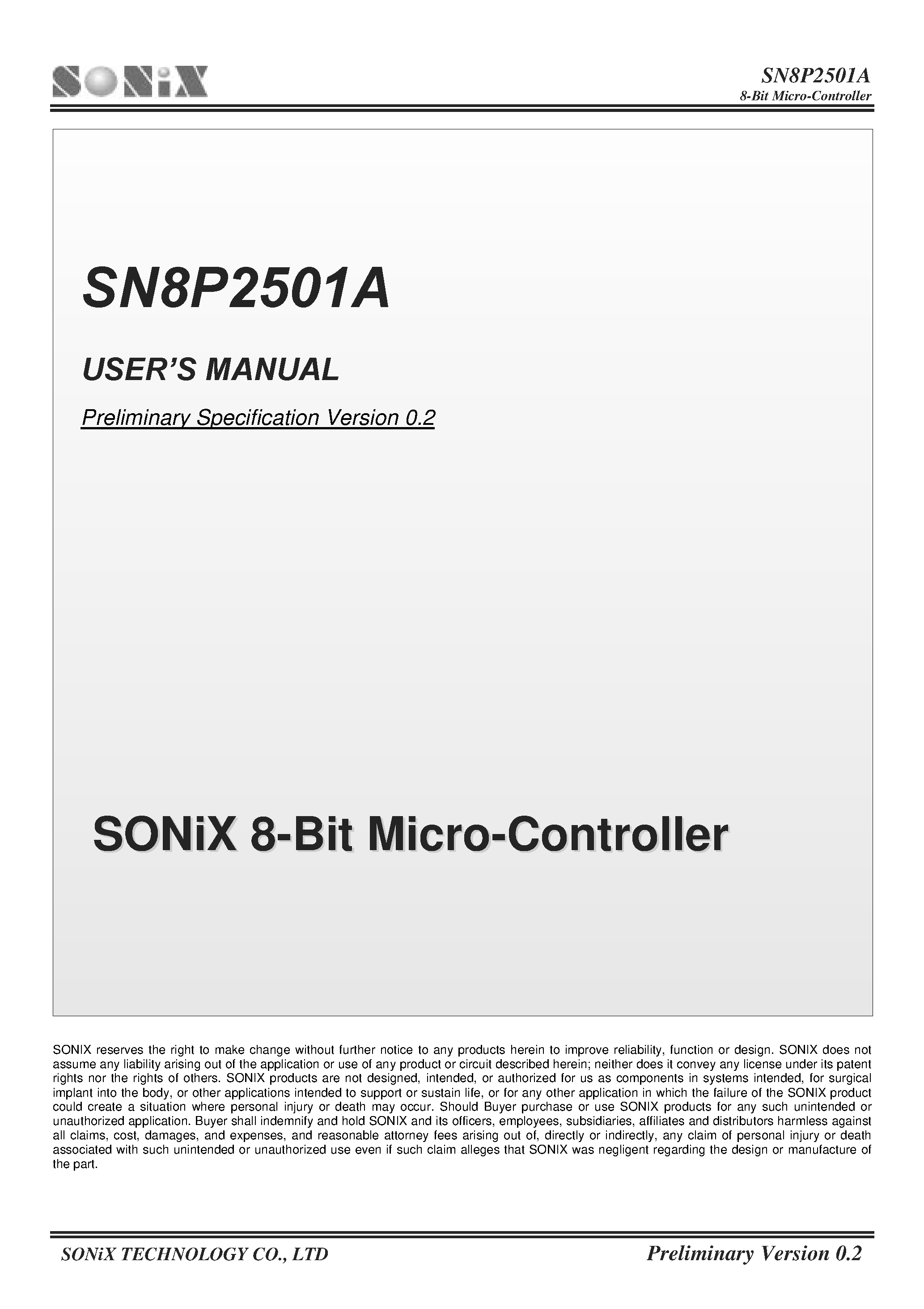 Datasheet SN8P2501A - SONiX 8-Bit Micro-Controller page 1